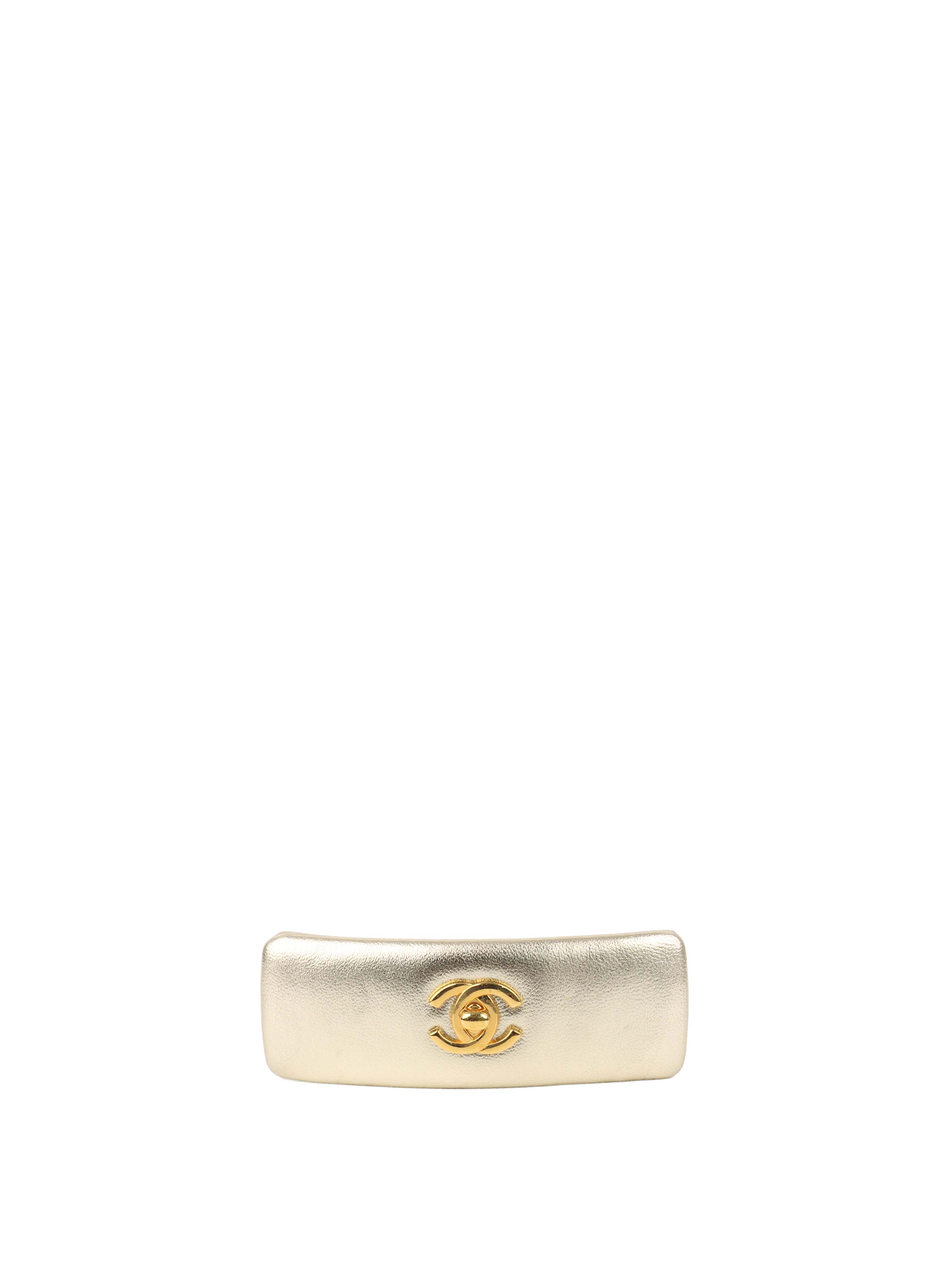 ChaneI Beige Leather Hair Barrette with Gold- Tone CC Logo CHANEL Gold Hair Barrettes for Women for sale | eBay main image 2