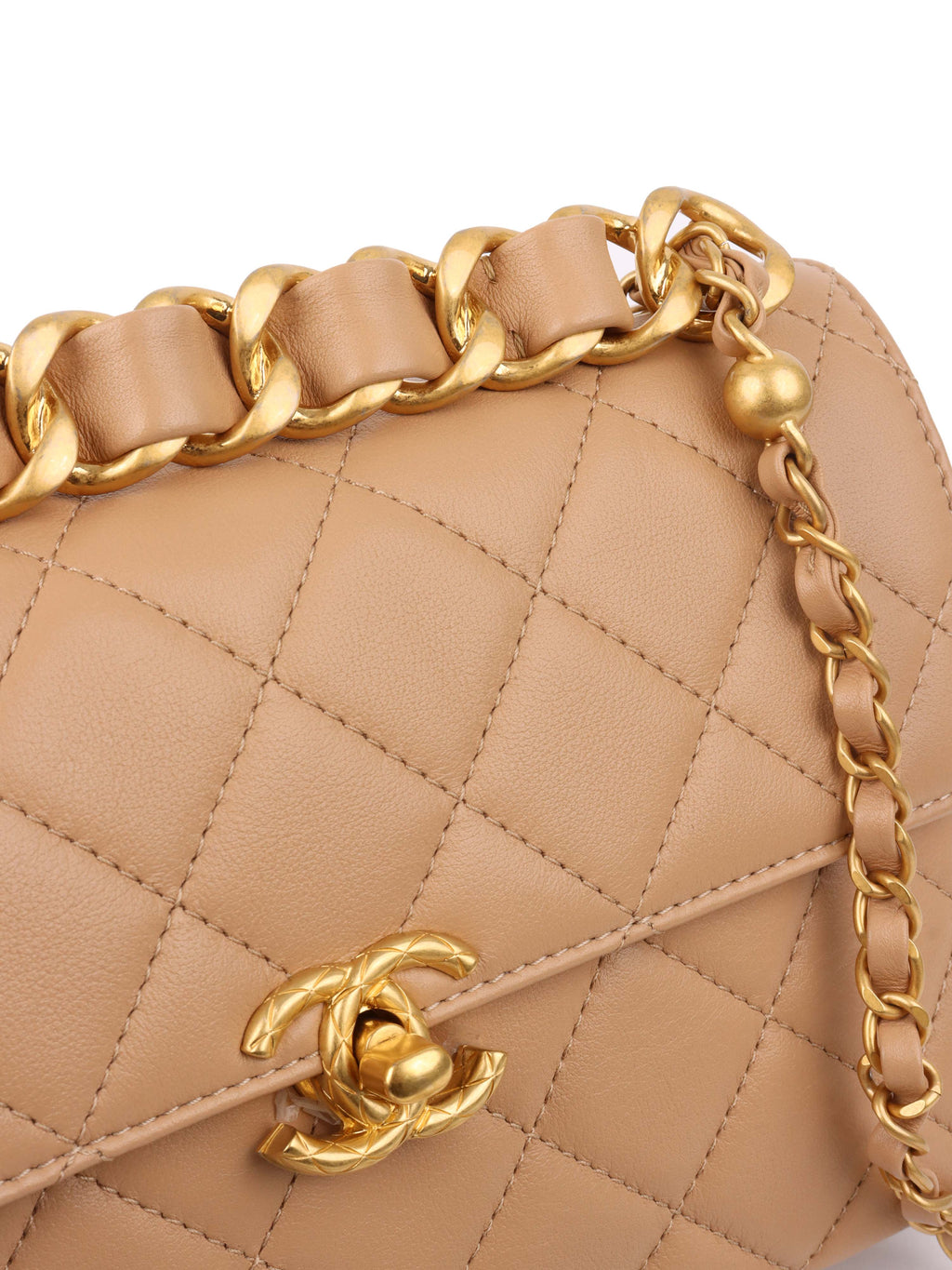 Chanel Beige Woven Chain Link Handle Flap Bag.