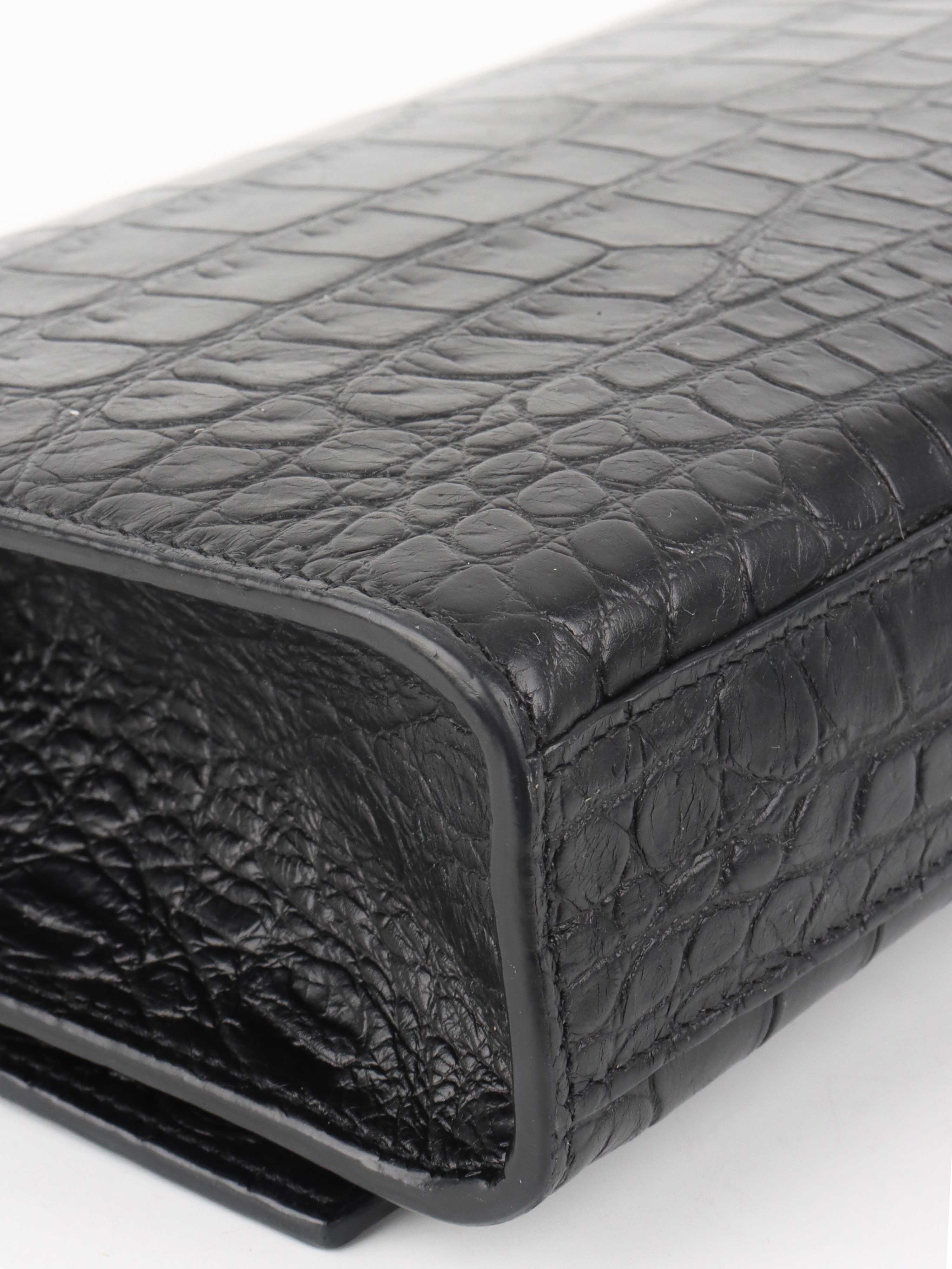 Saint Laurent Black Crocodile Embossed Chain Top Handle Kate Bag.