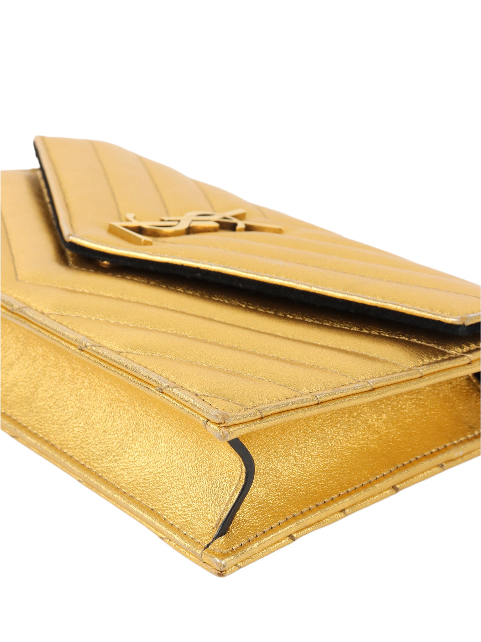 Saint Laurent Cassandra Matelasse Gold Envelope Chain Wallet.