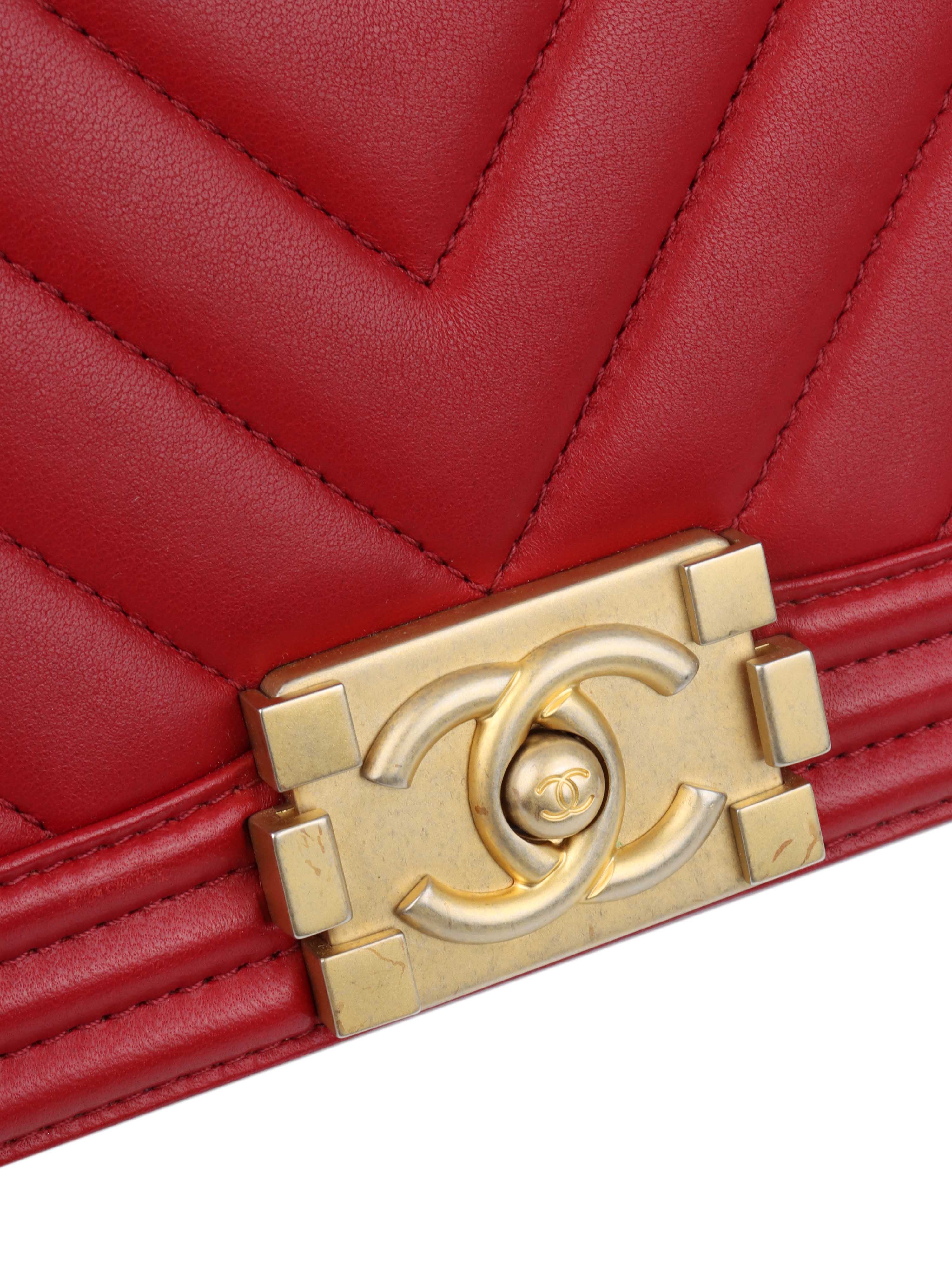 Chanel Medium Red Chevron Boy Bag in Lambskin GHW