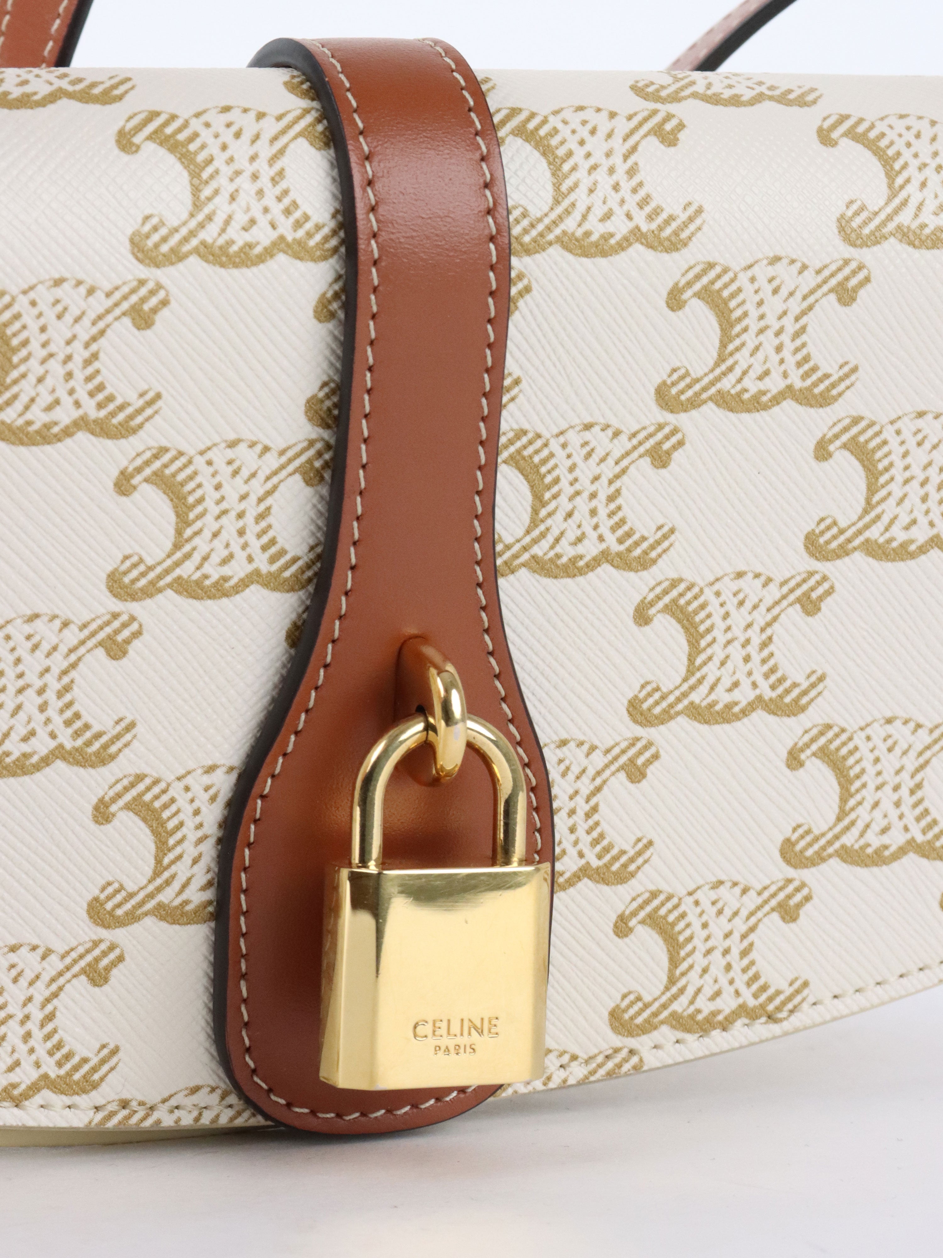Celine White/Tan Triomphe Tabou Clutch with Strap