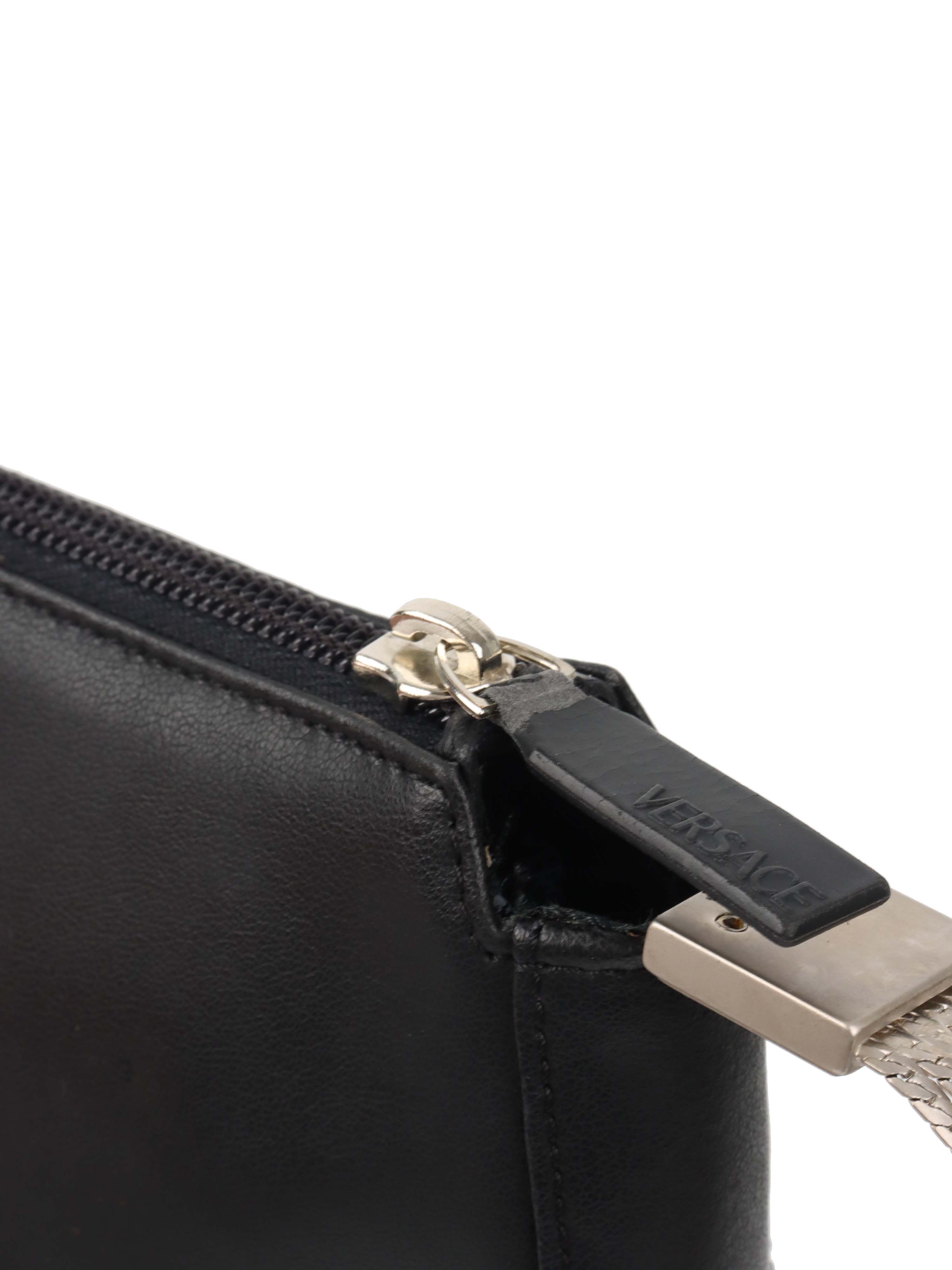 Versace Black Leather Shoulder Bag with Silver Chain.