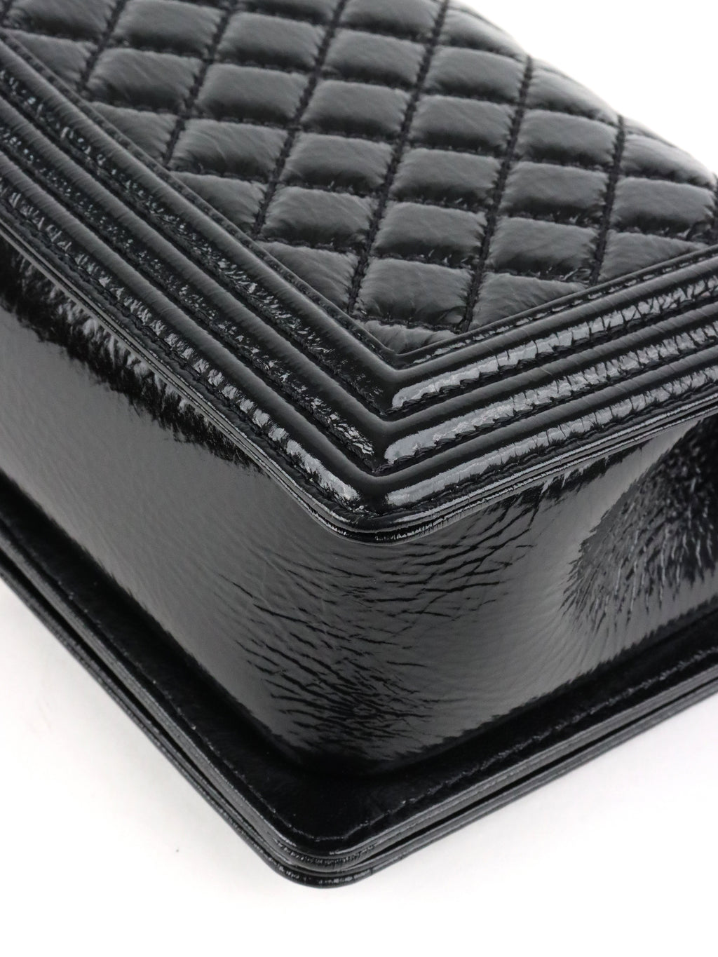 Chanel Black Crinkled Patent with Diamond Quilted Lock Medium Boy Bag