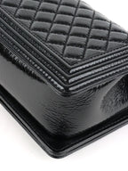 Chanel Black Crinkled Patent with Diamond Quilted Lock Medium Boy Bag