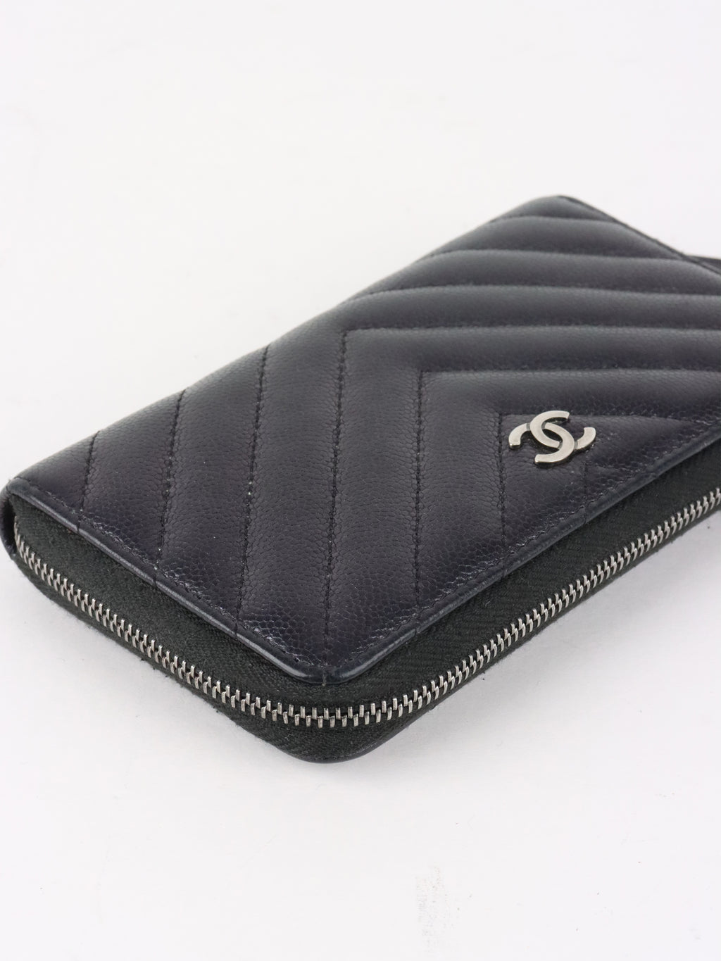 Chanel Irredescent Dark Charcoal Caviar Chevron Zip Wallet