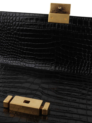 Saint Laurent Black Embossed Crocodile Leather Shoulder Bag.