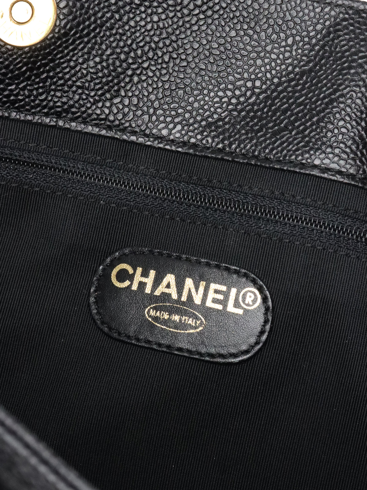 Chanel Vintage Stitched Logo Black Caviar Tote