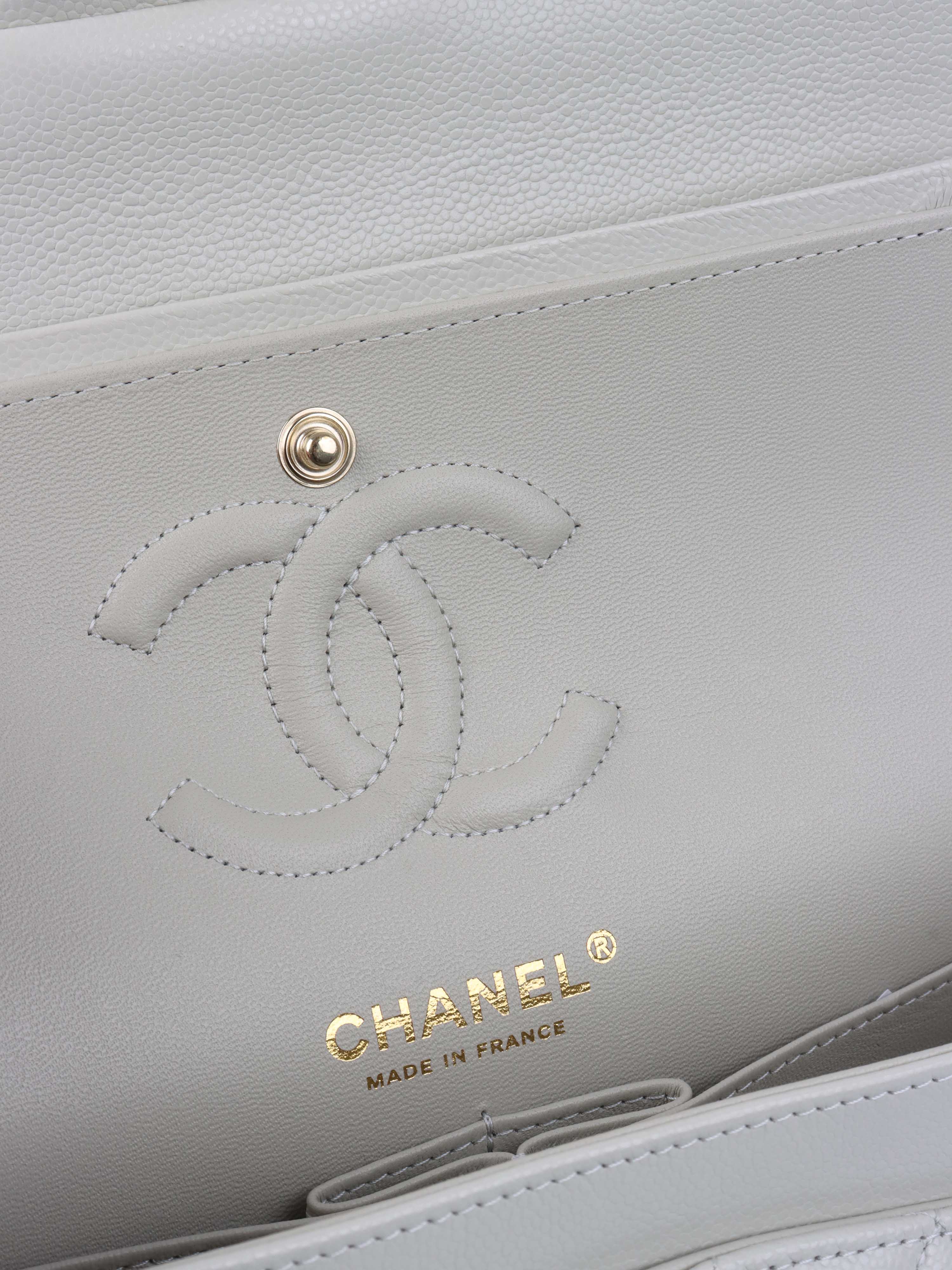 Chanel 21A  Light Grey Caviar Small Classic Flap LGHW.