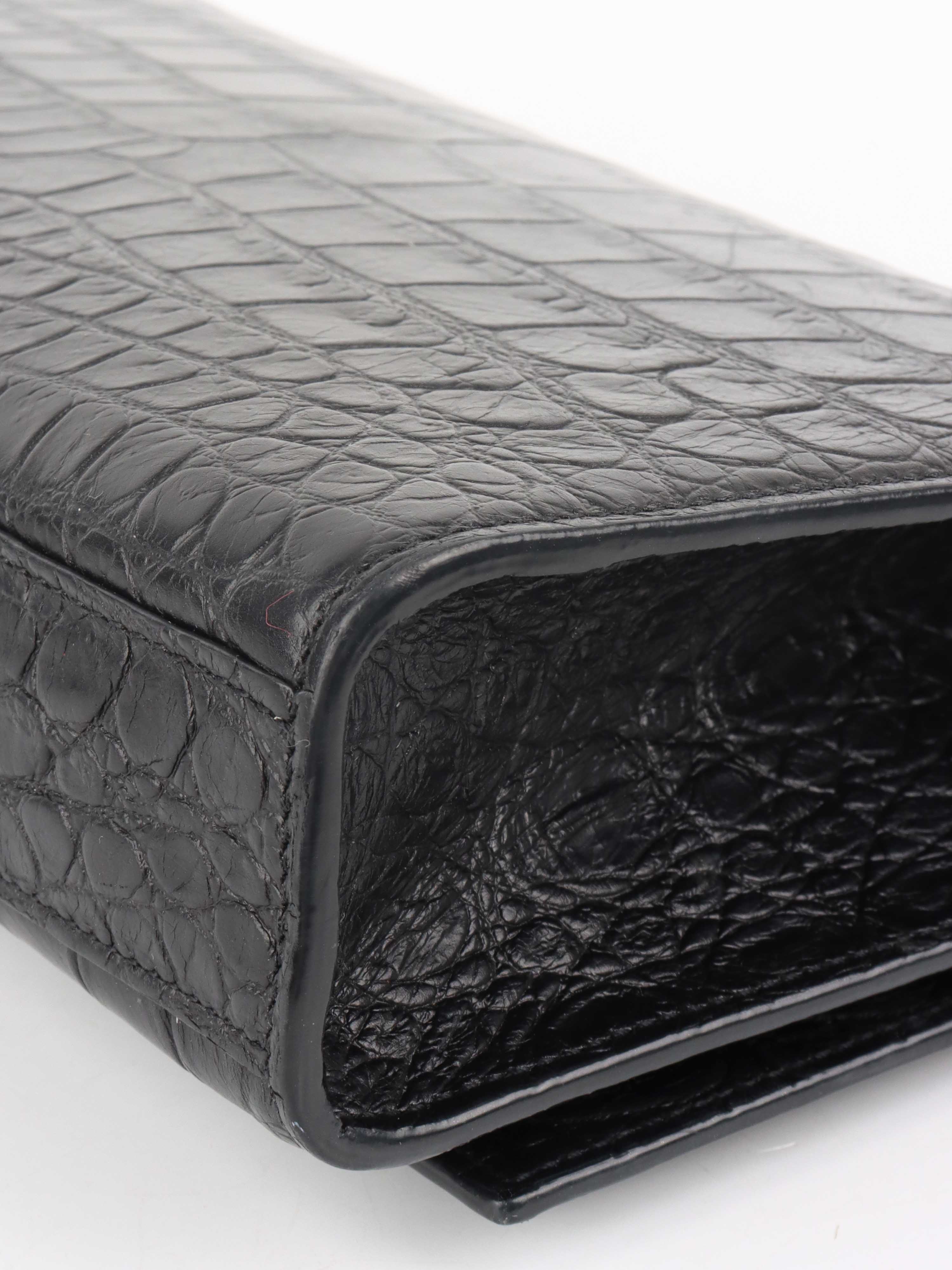 Saint Laurent Black Crocodile Embossed Chain Top Handle Kate Bag.
