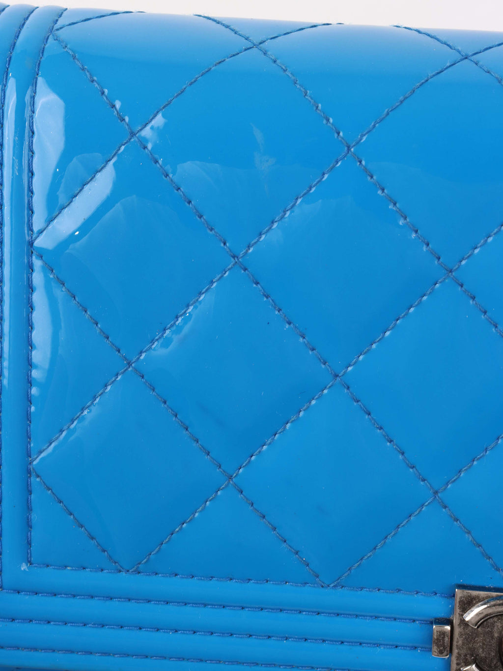 Chanel Bright Blue Patent Leather Le Boy Wallet on Chain.