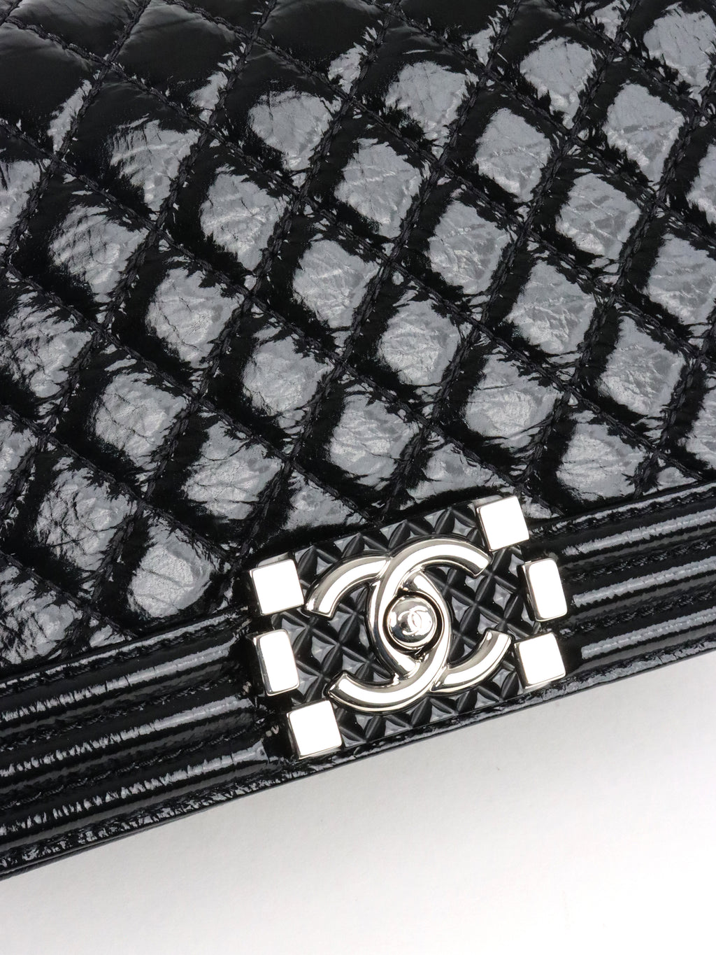 Chanel Black Crinkled Patent with Diamond Quilted Lock Medium Boy Bag