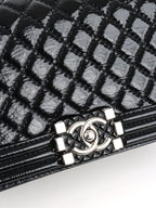 Chanel Black Crinkled Patent with Diamond Quilted Lock Medium Boy Bag