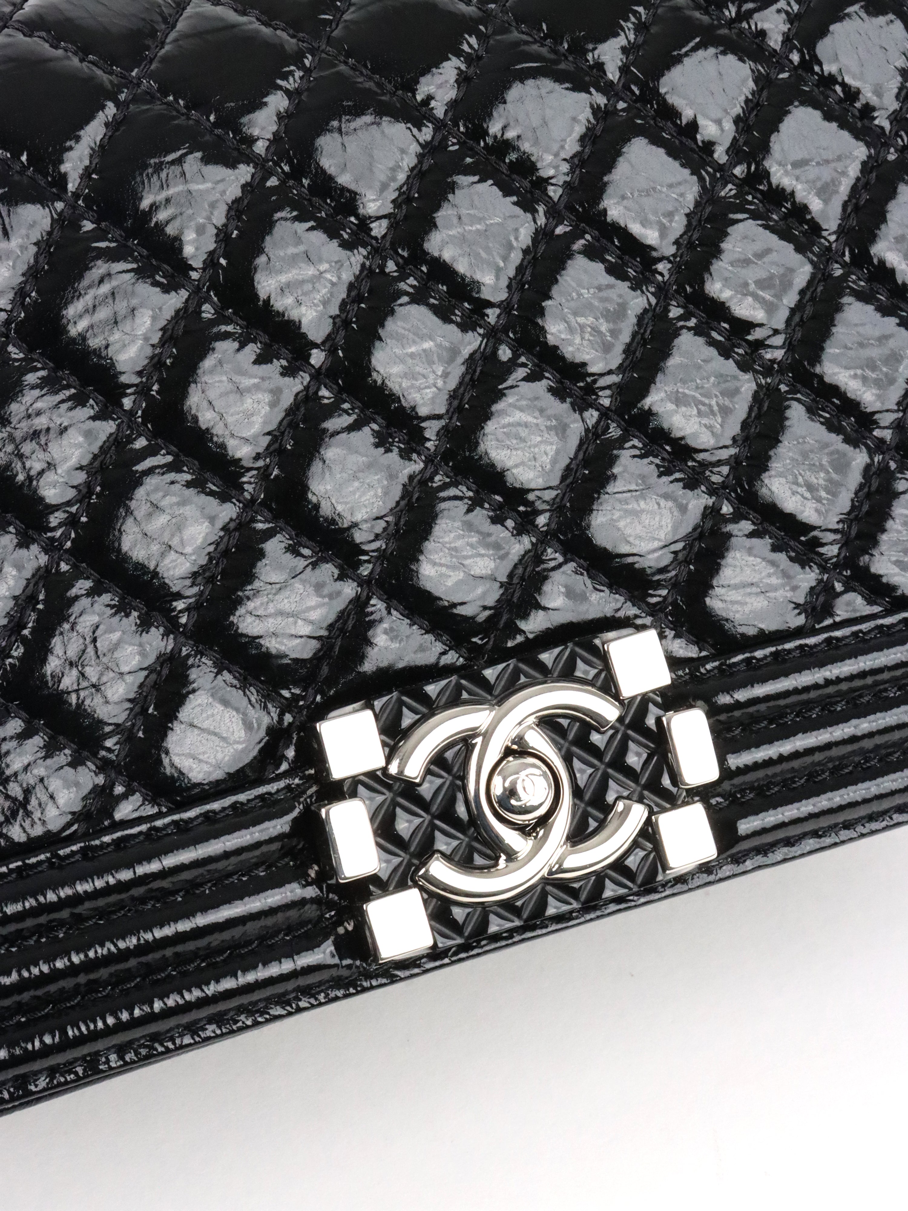 Chanel Black Crinkled Patent with Diamond Quilted Lock Medium Boy Bag
