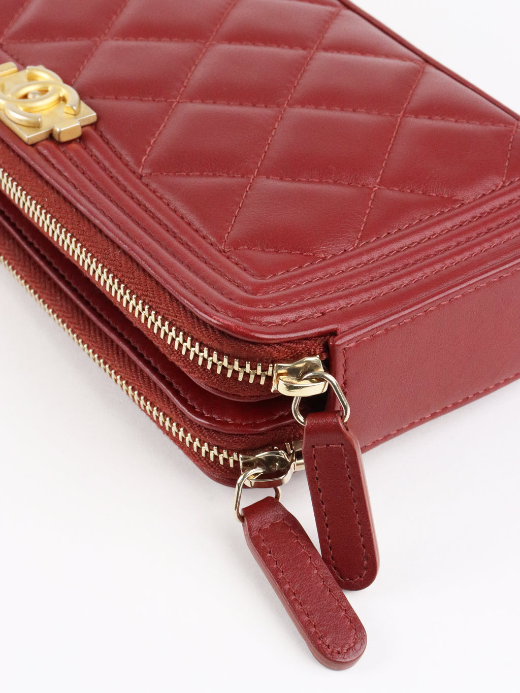 Chanel Burgundy Lambskin Double Zip Wallet on Chain