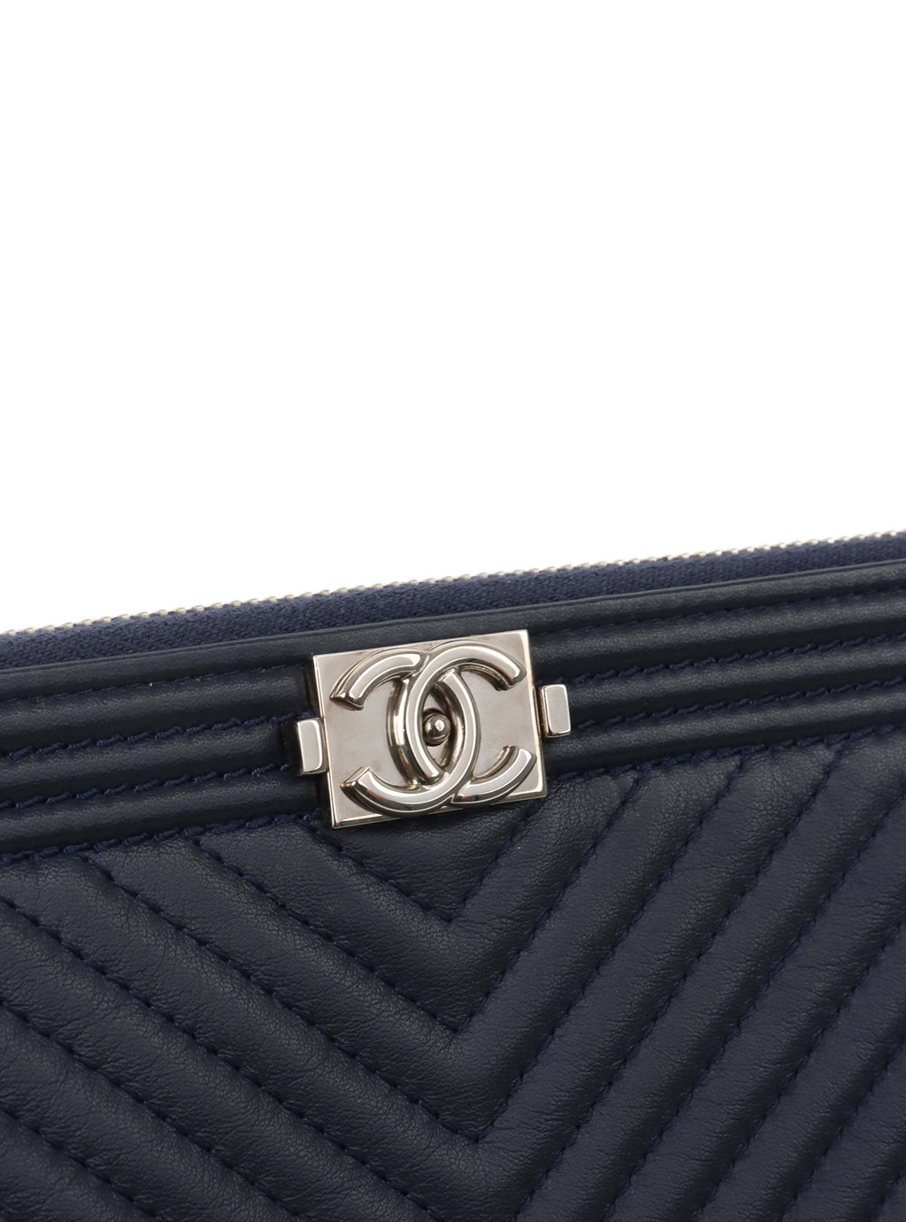 Chanel Navy Lambskin Medium Boy Chevron Pouch SHW.