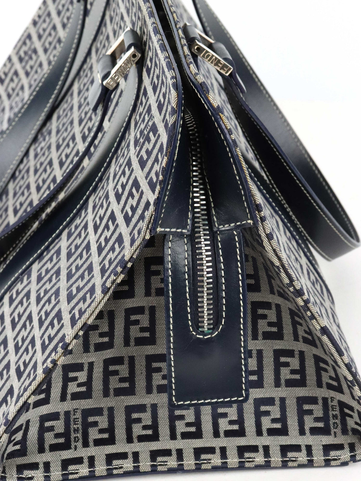 Fendi Vintage Navy Zucchino Canvas Boston Bag