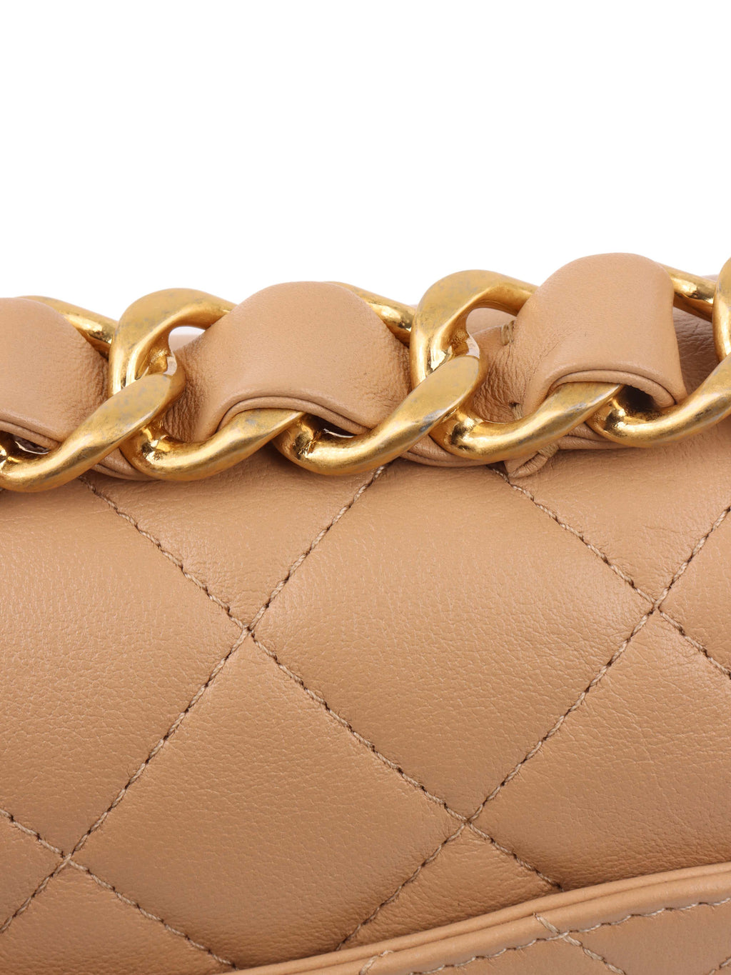 Chanel Beige Woven Chain Link Handle Flap Bag.