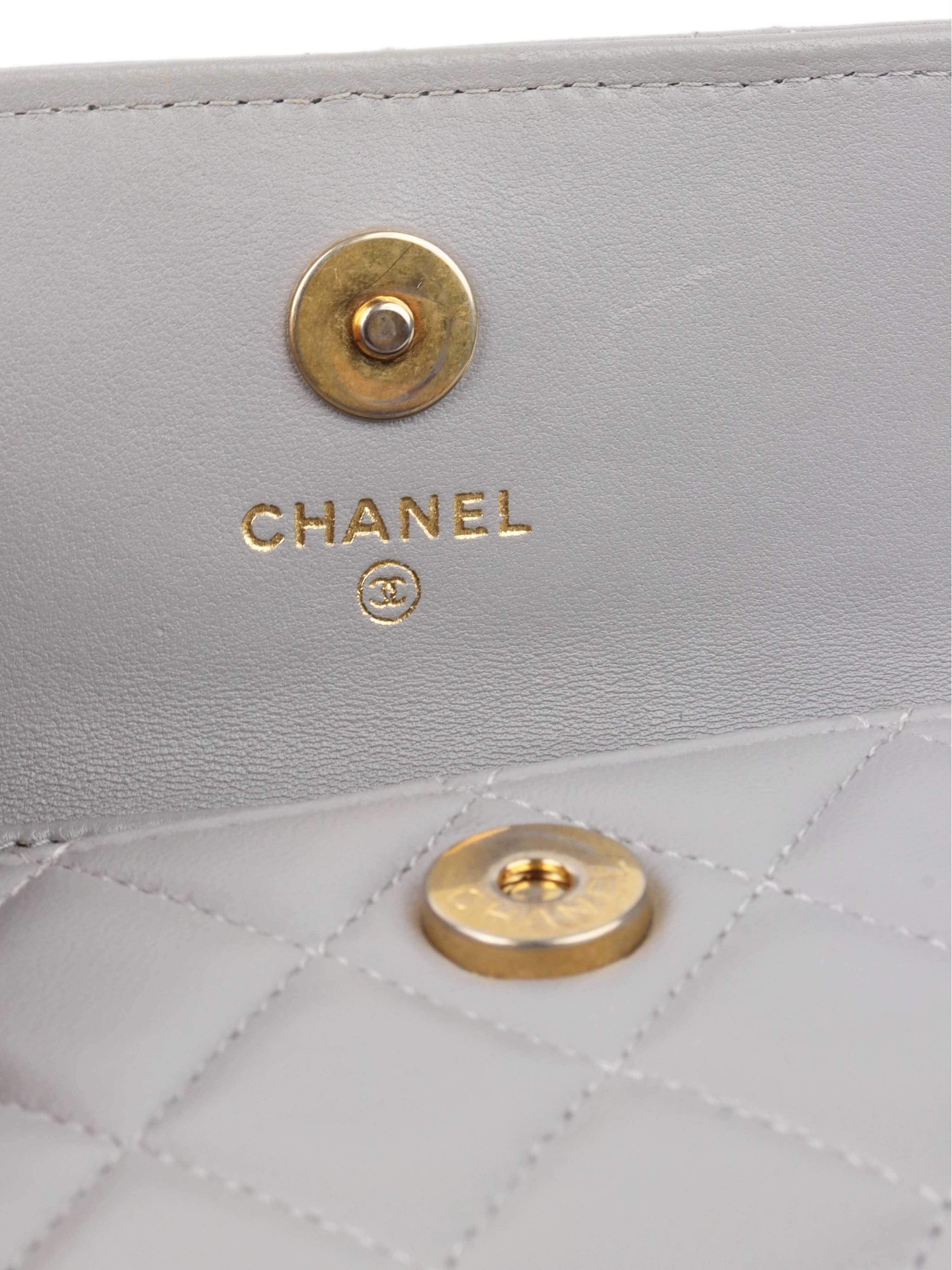 Chanel Grey Cardholder on Chain with Pearl Crush GHW.