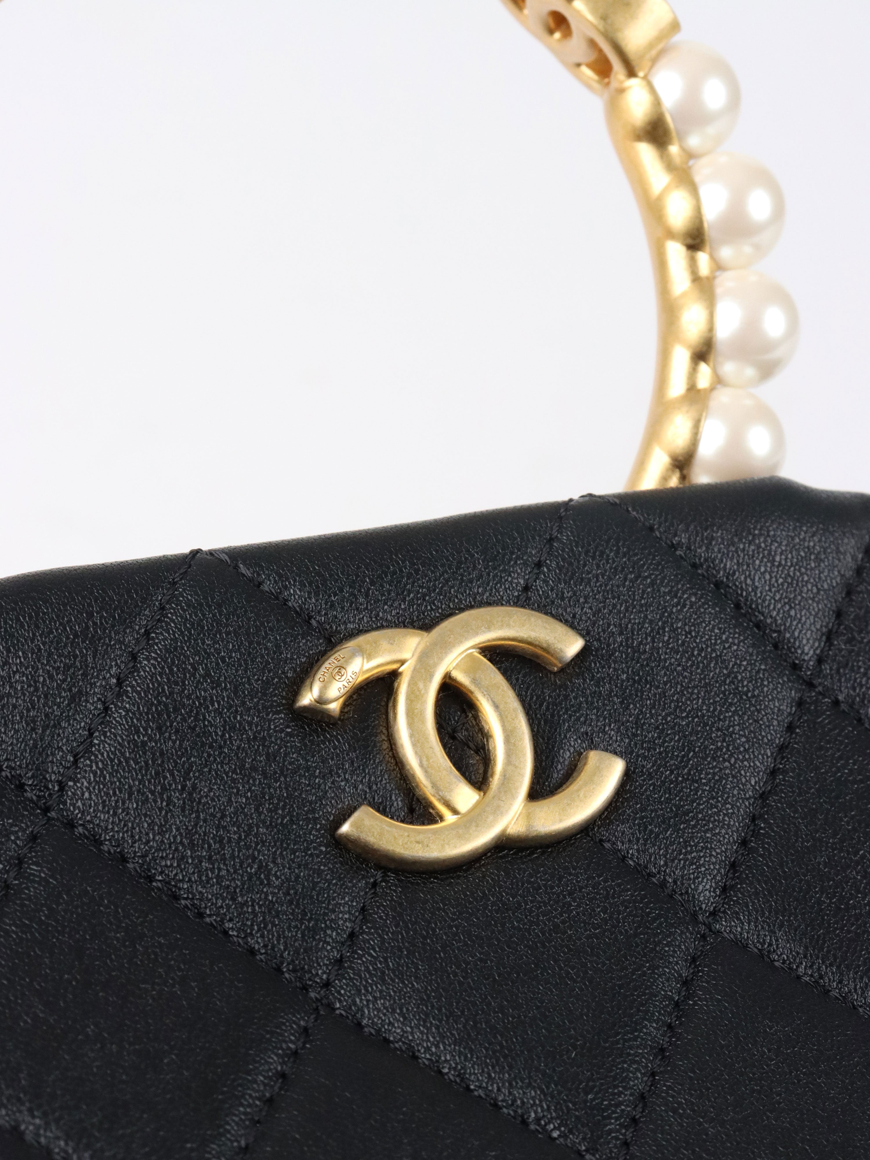 Chanel Black Lambskin with Pearl Crown Top Handle Clutch