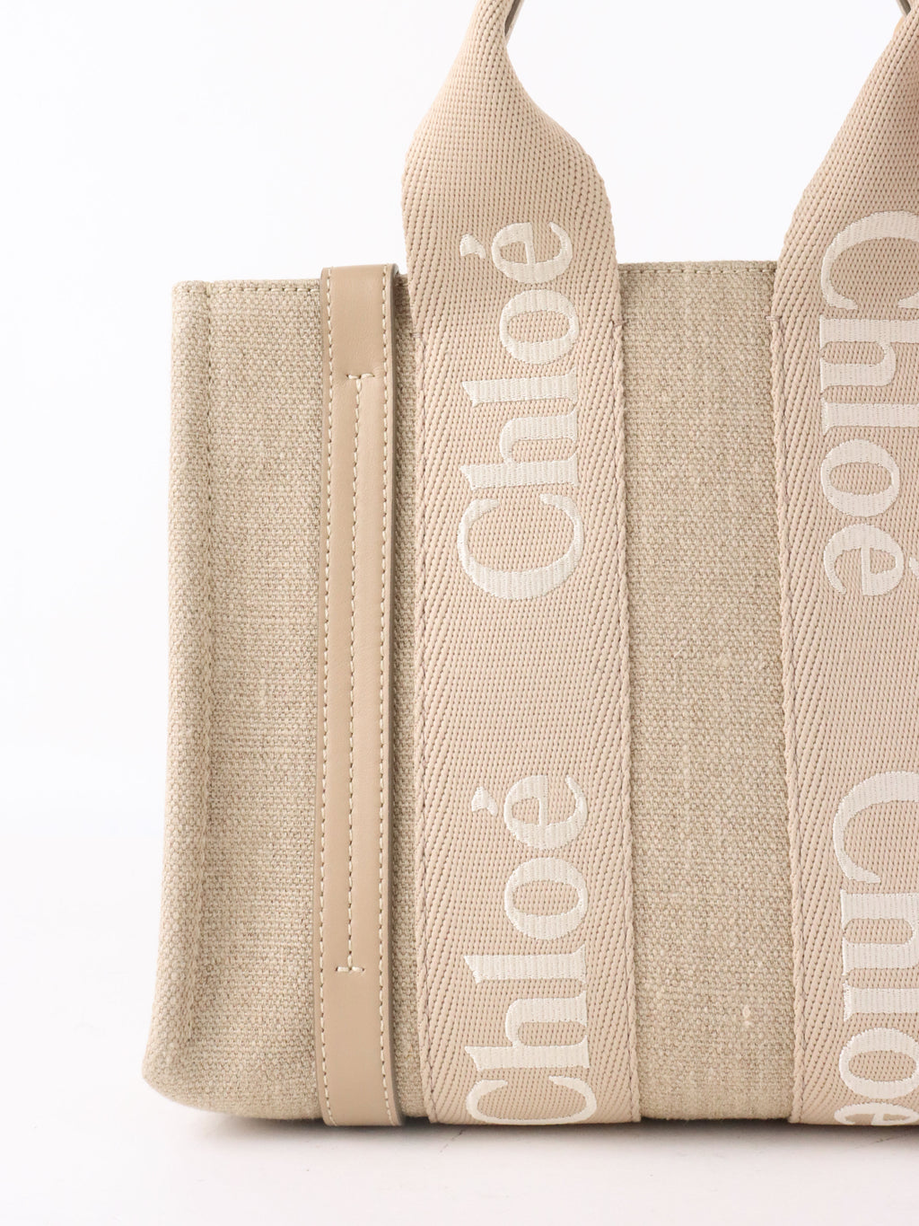 Chloe Neutral Small Woody Linen Tote Bag