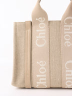 Chloe Neutral Small Woody Linen Tote Bag