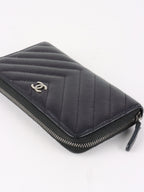 Chanel Irredescent Dark Charcoal Caviar Chevron Zip Wallet