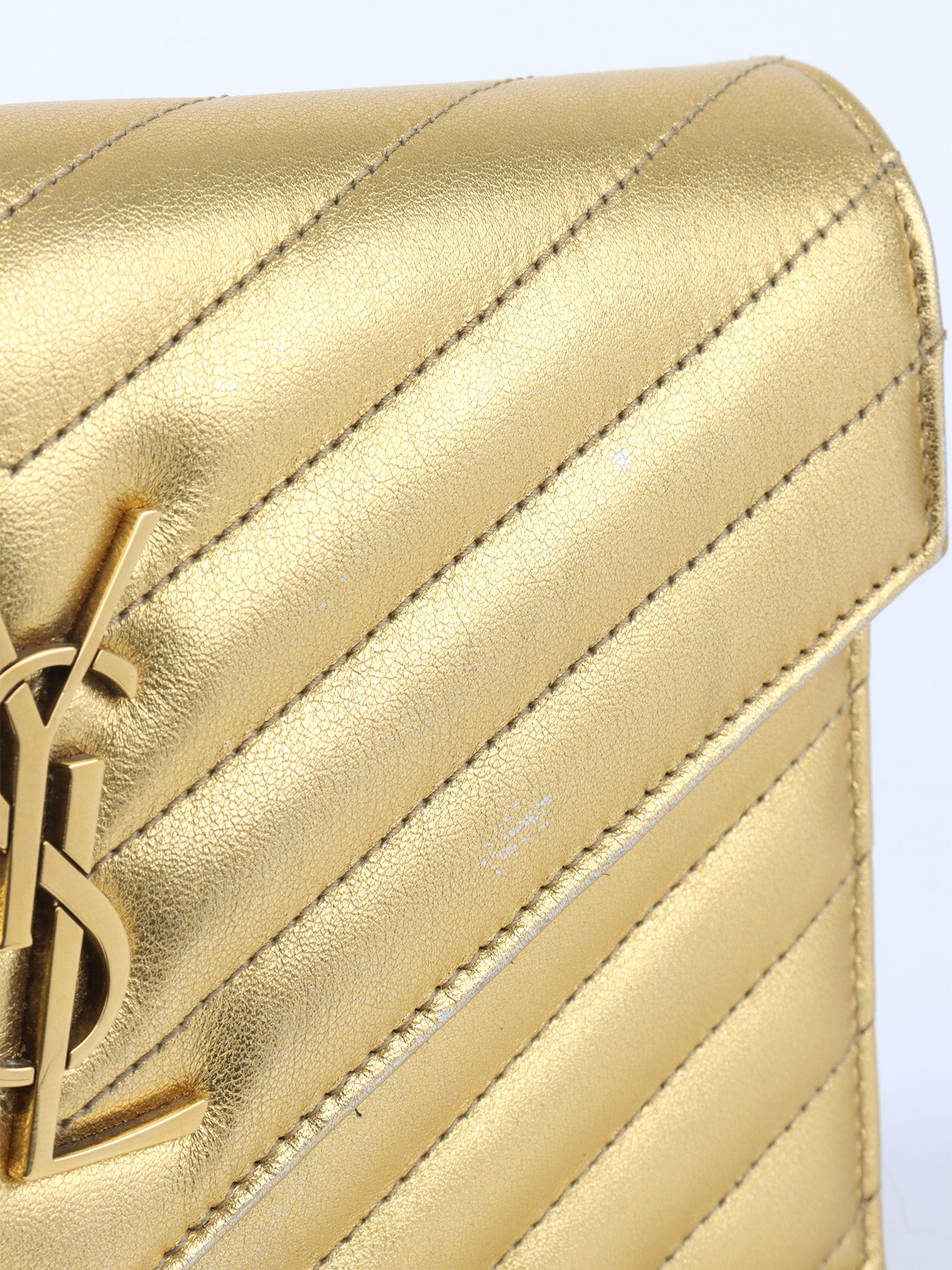 Saint Laurent Cassandra Matelasse Gold Envelope Chain Wallet.