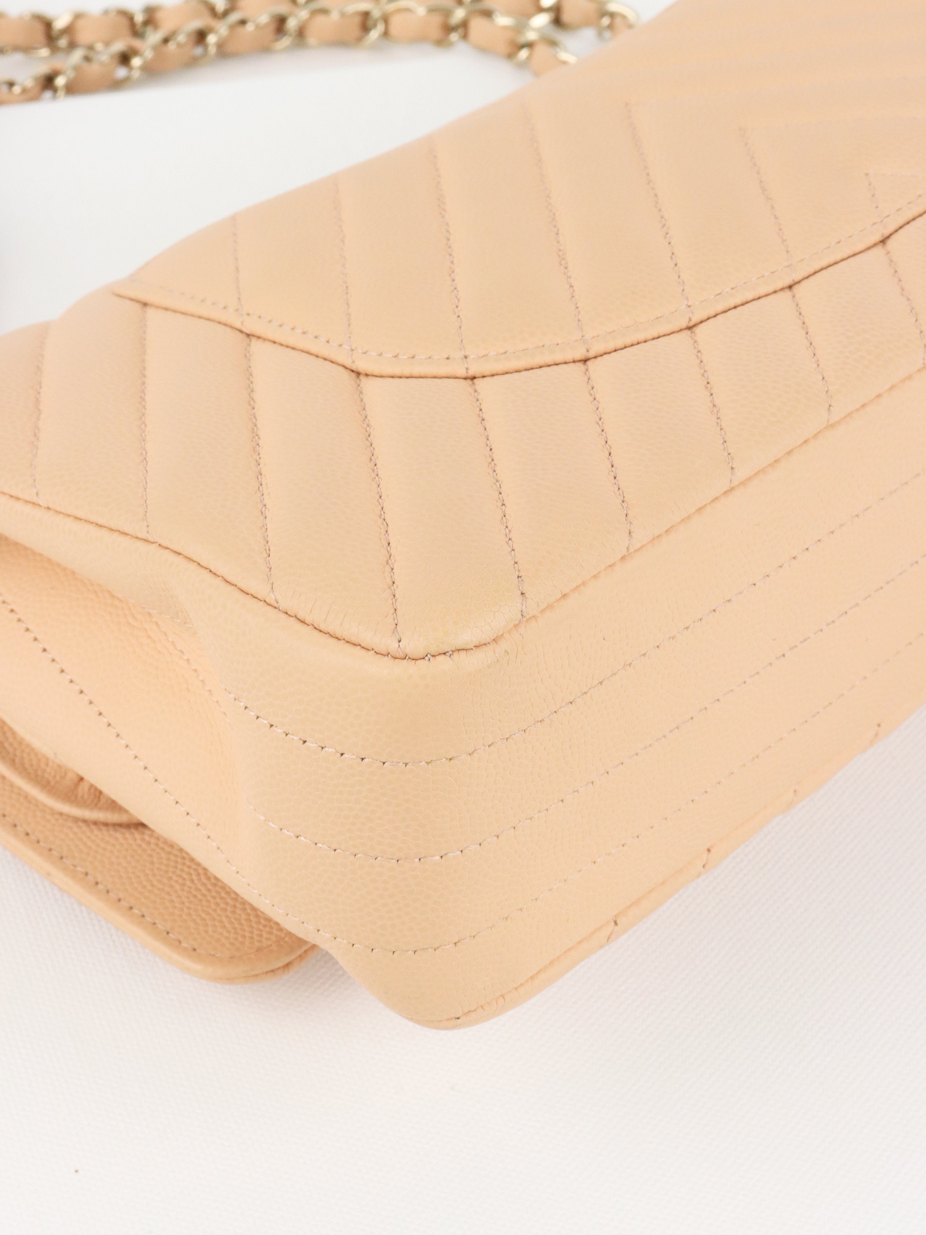 Chanel Beige Claire Chevron Caviar Classic Flap