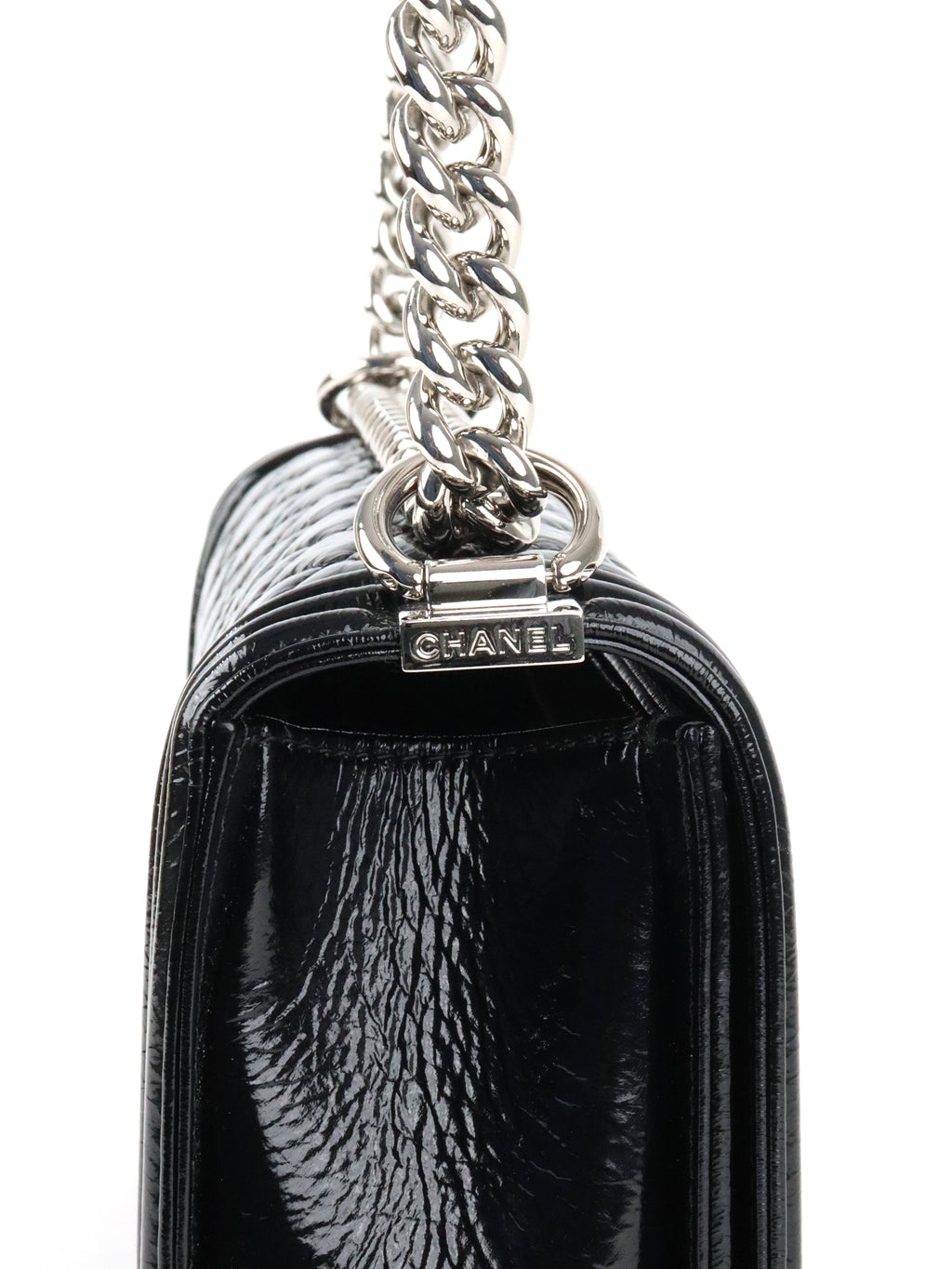 Chanel Black Crinkled Patent with Diamond Quilted Lock Medium Boy Bag