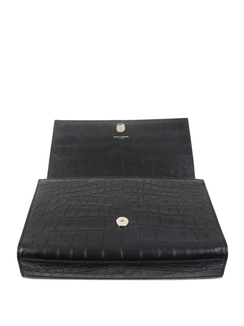 Saint Laurent Black Crocodile Embossed Chain Top Handle Kate Bag.