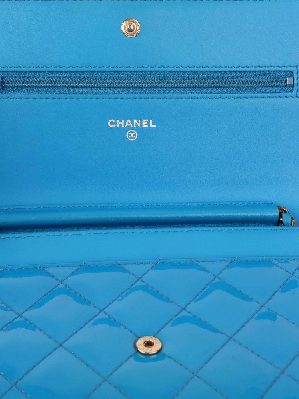 Chanel Bright Blue Patent Leather Le Boy Wallet on Chain.