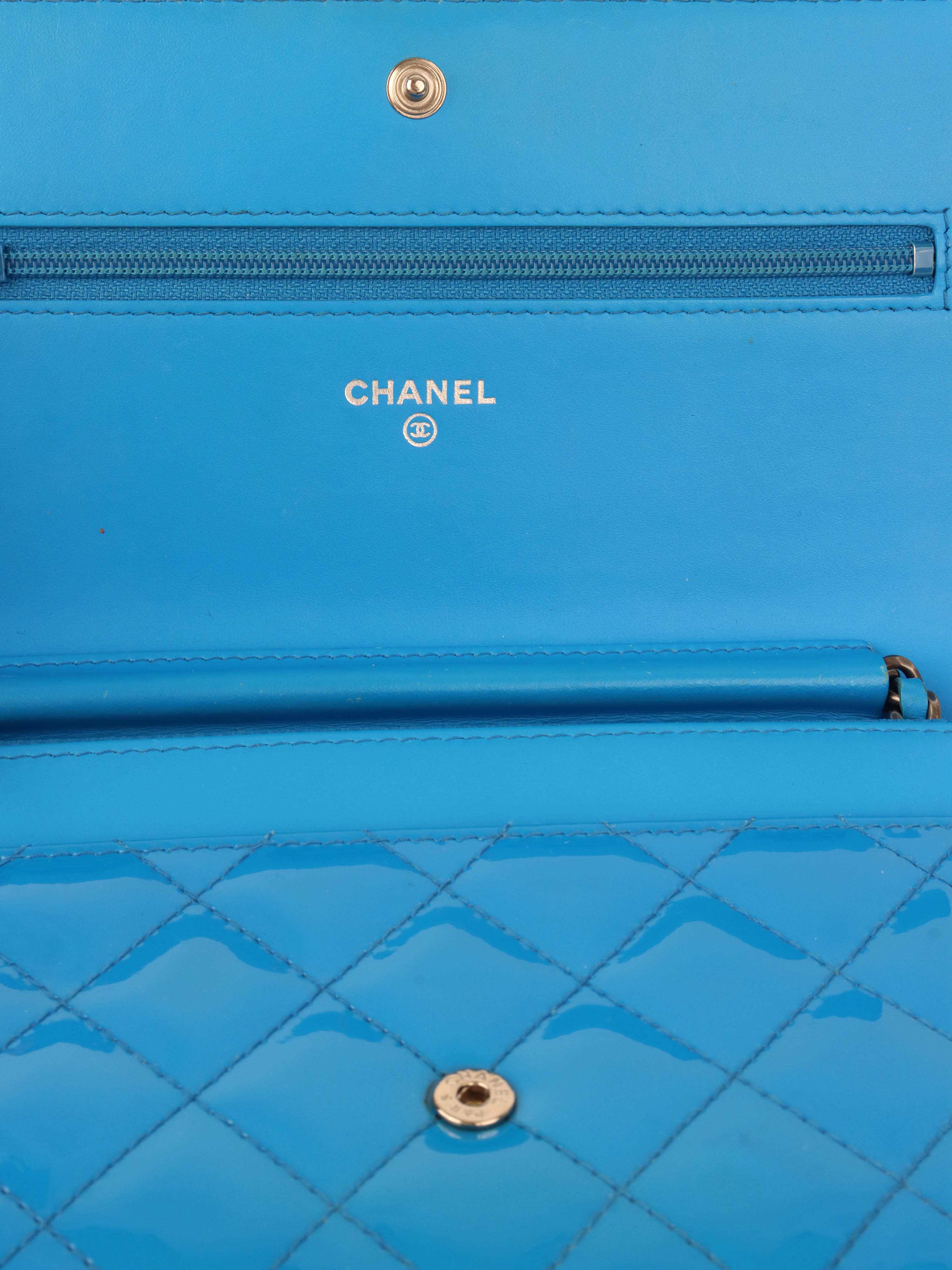 Chanel Bright Blue Patent Leather Le Boy Wallet on Chain.