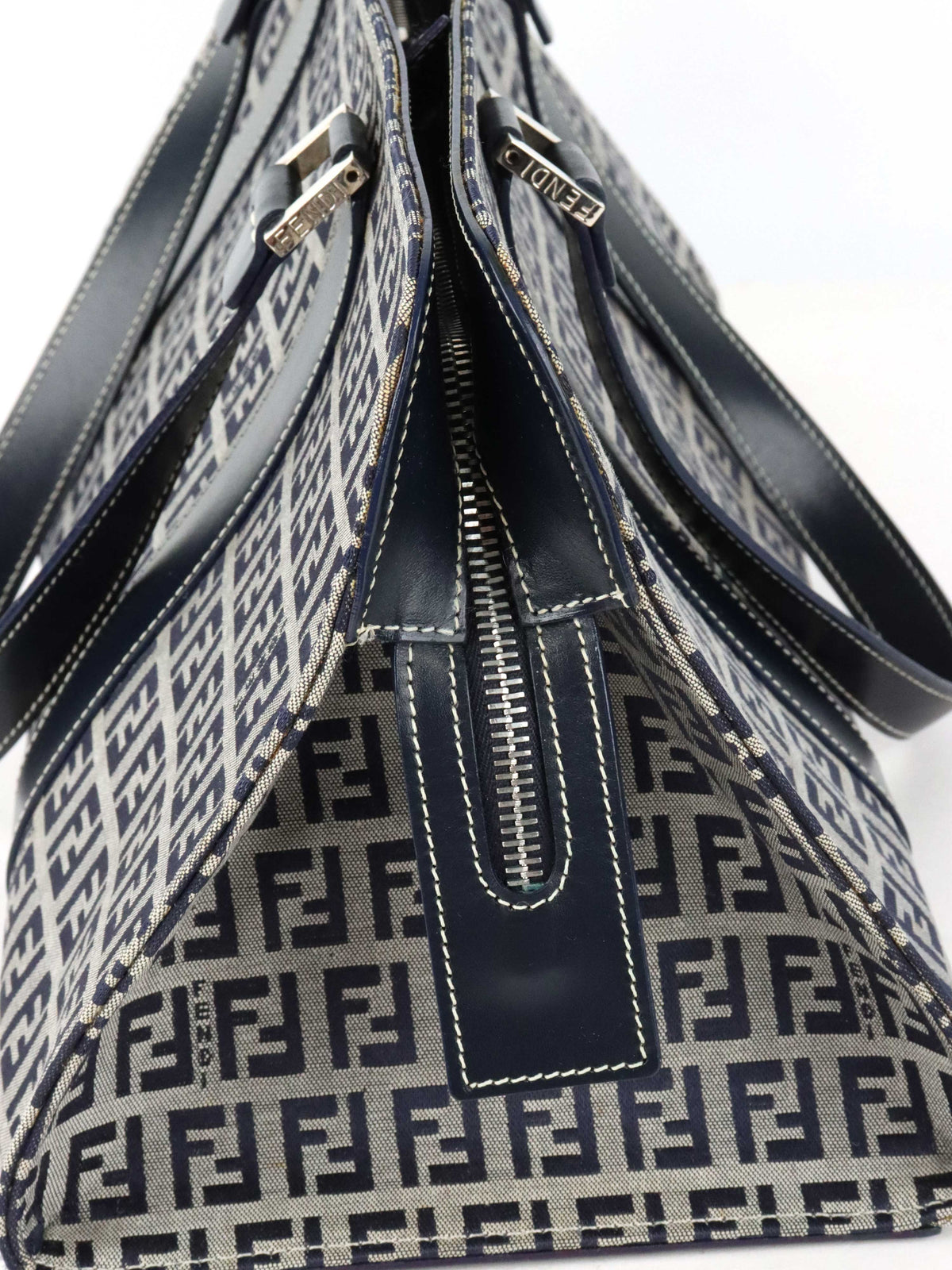 Fendi Vintage Navy Zucchino Canvas Boston Bag