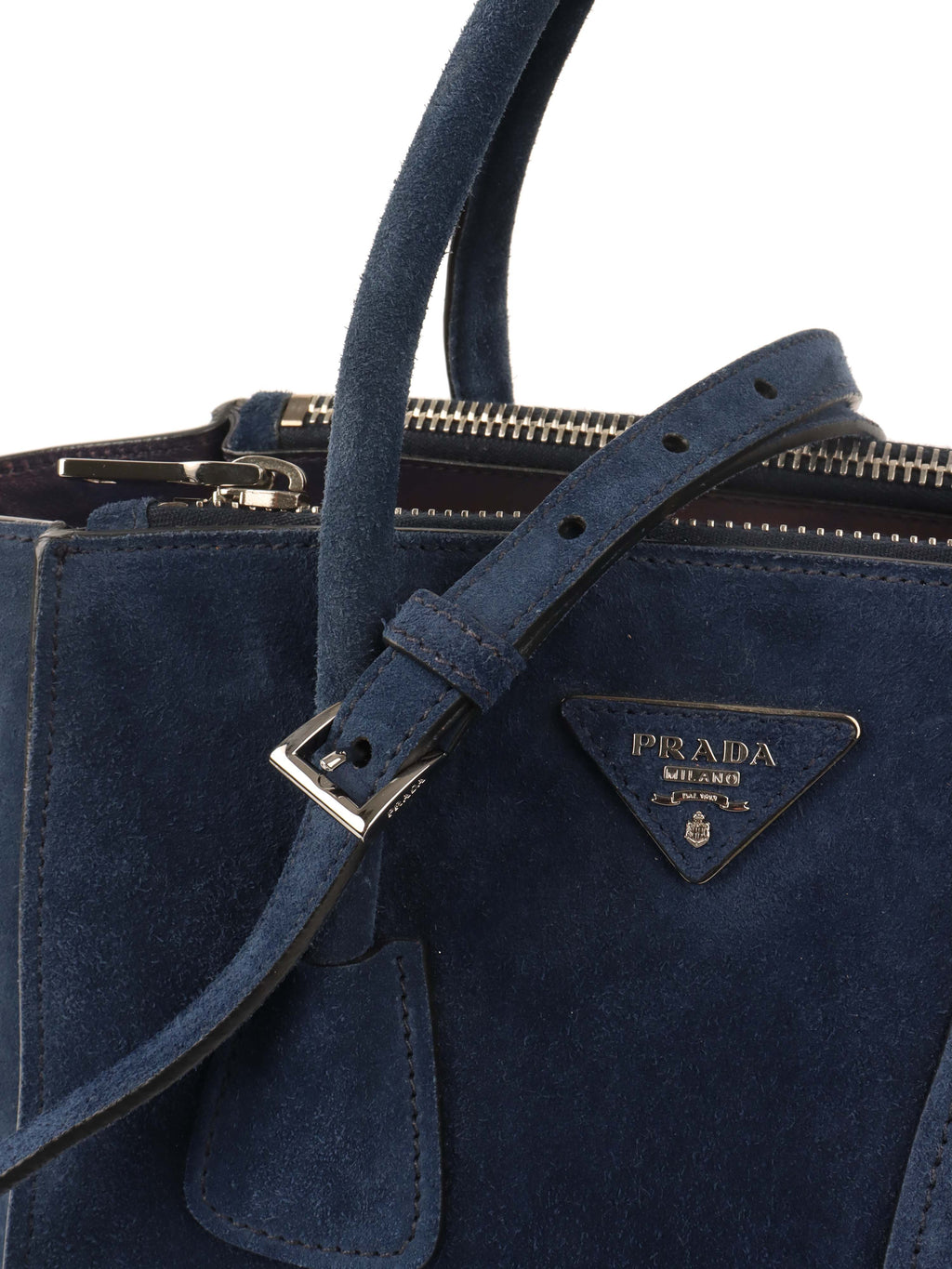 Prada Royal Blue Suede Double Zipped Shoulder Bag.
