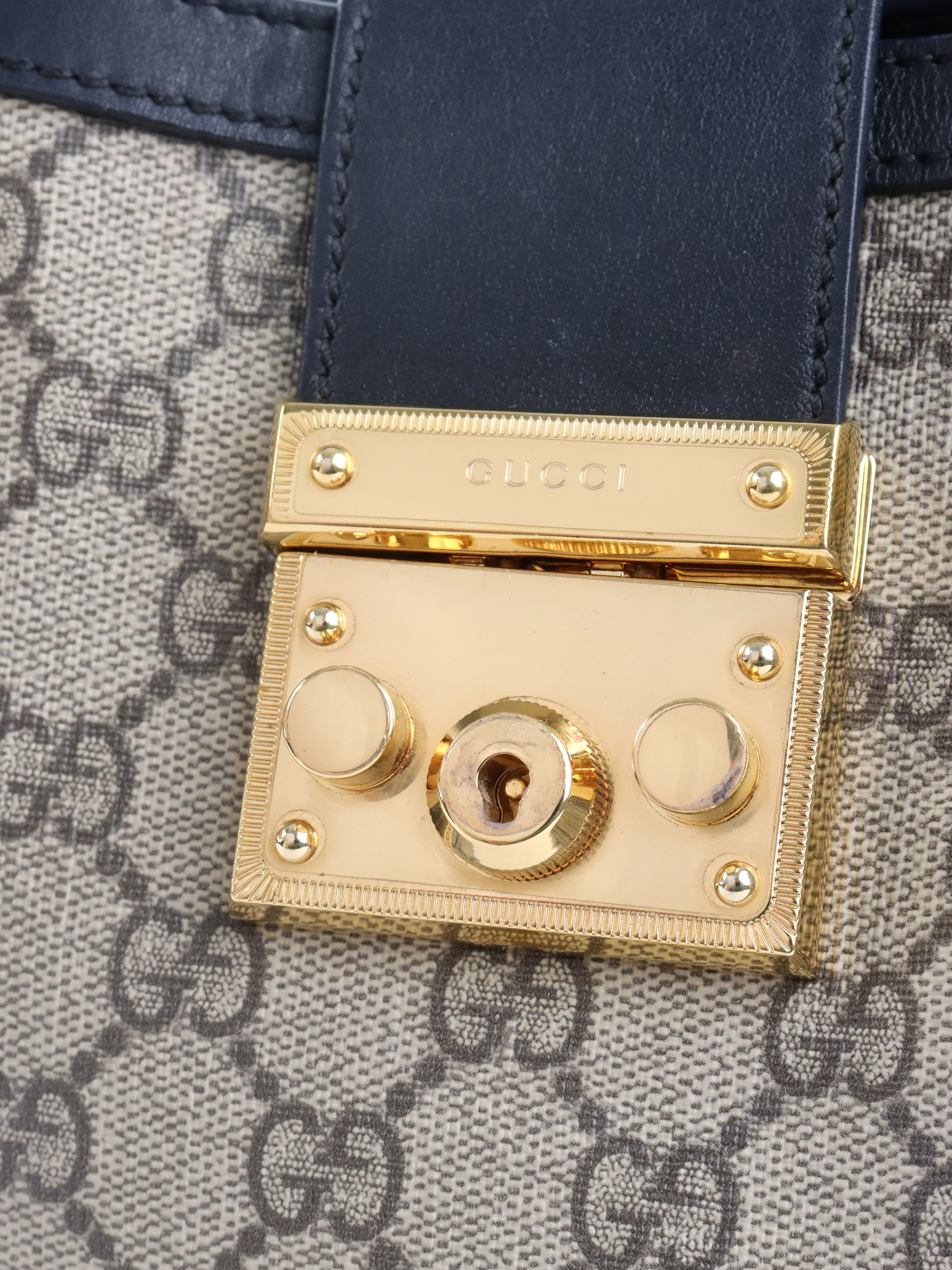 Gucci Small Black GG Supreme Canvas Padlock Tote.