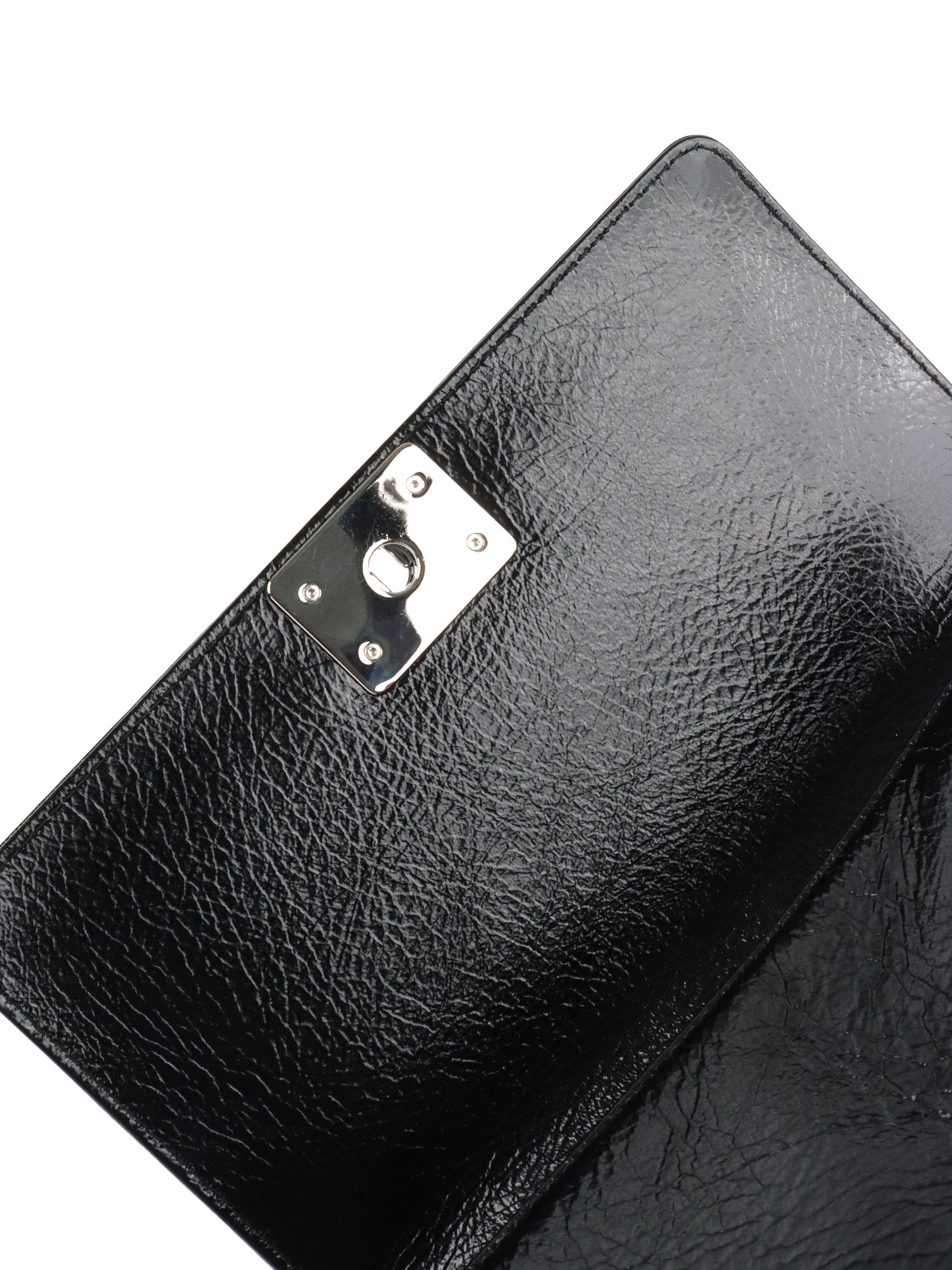 Chanel Black Crinkled Patent with Diamond Quilted Lock Medium Boy Bag