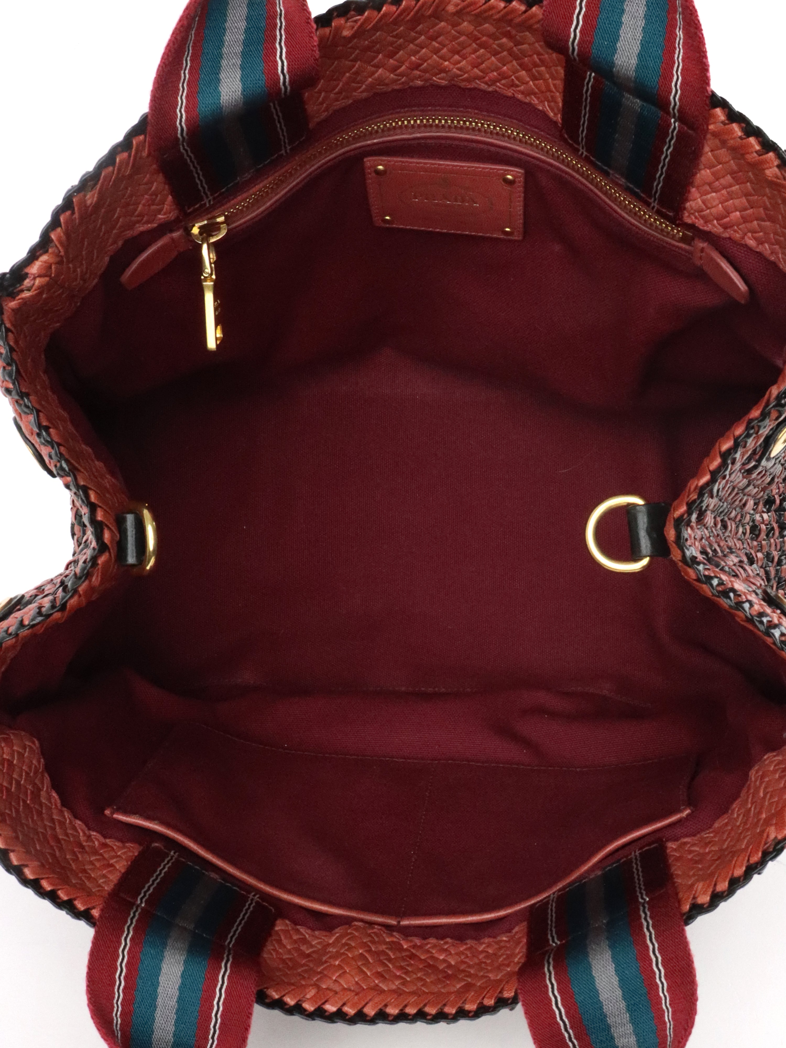 Prada Red/Black Madras Woven Leather Tote Bag