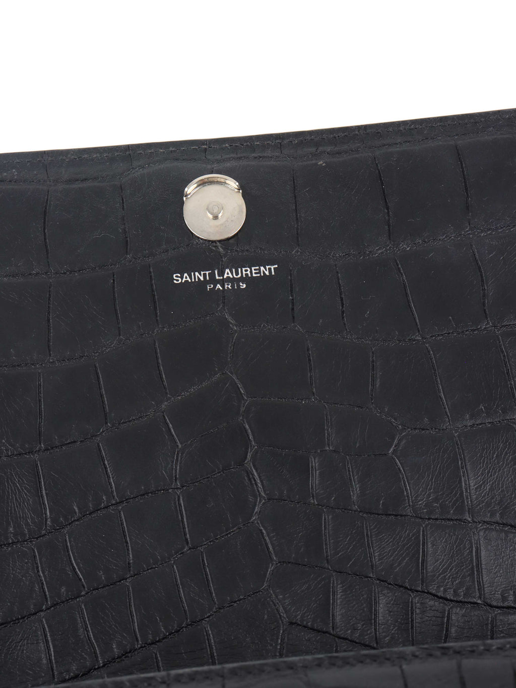 Saint Laurent Black Crocodile Embossed Chain Top Handle Kate Bag.