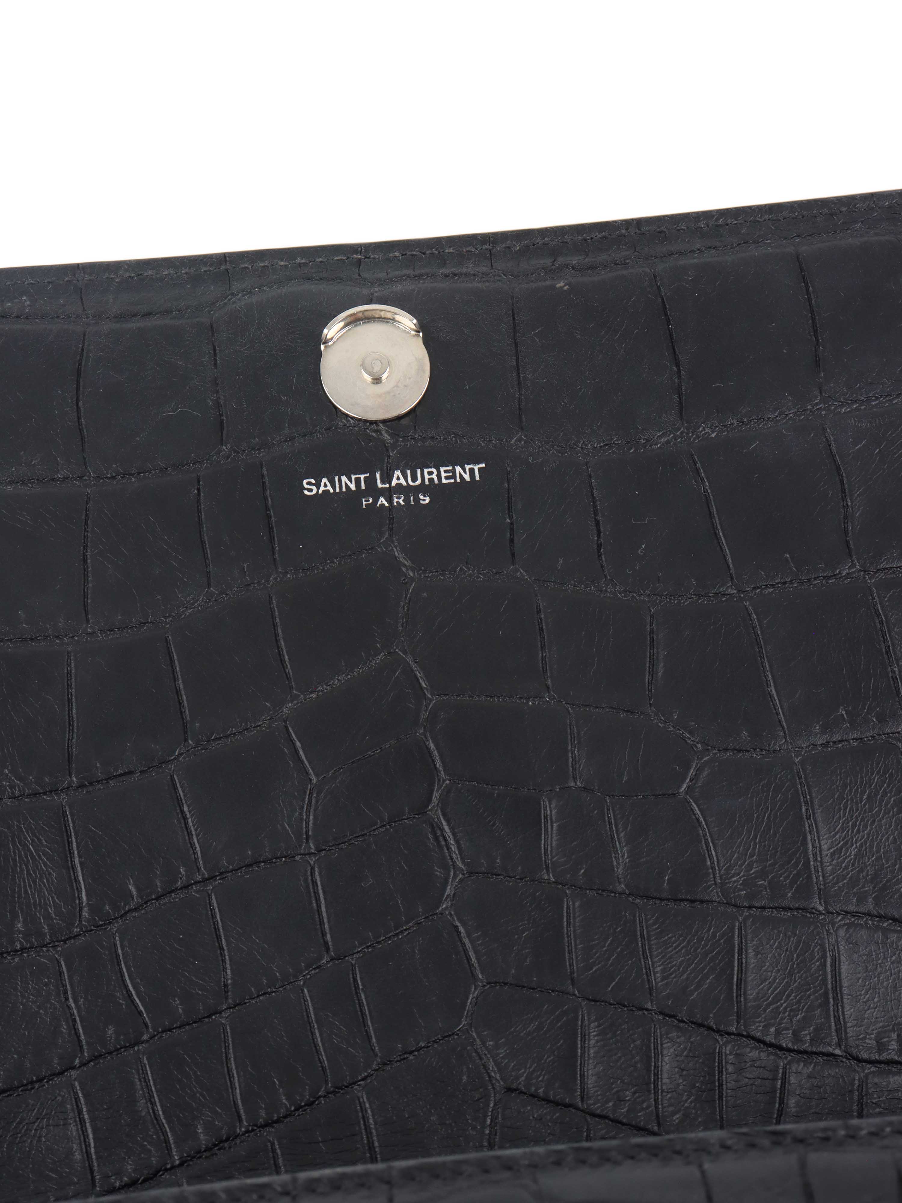 Saint Laurent Black Crocodile Embossed Chain Top Handle Kate Bag.