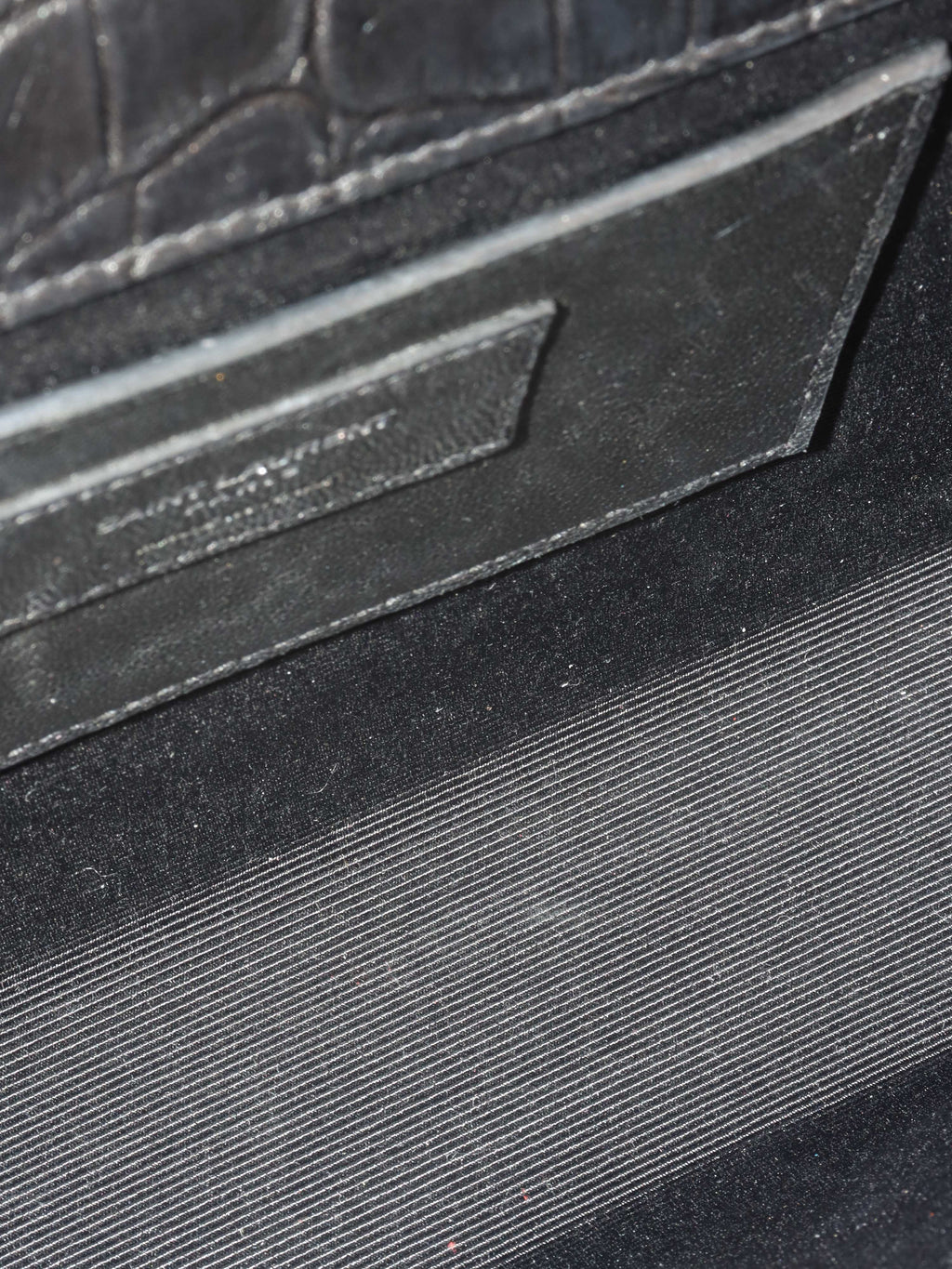 Saint Laurent Black Crocodile Embossed Chain Top Handle Kate Bag.