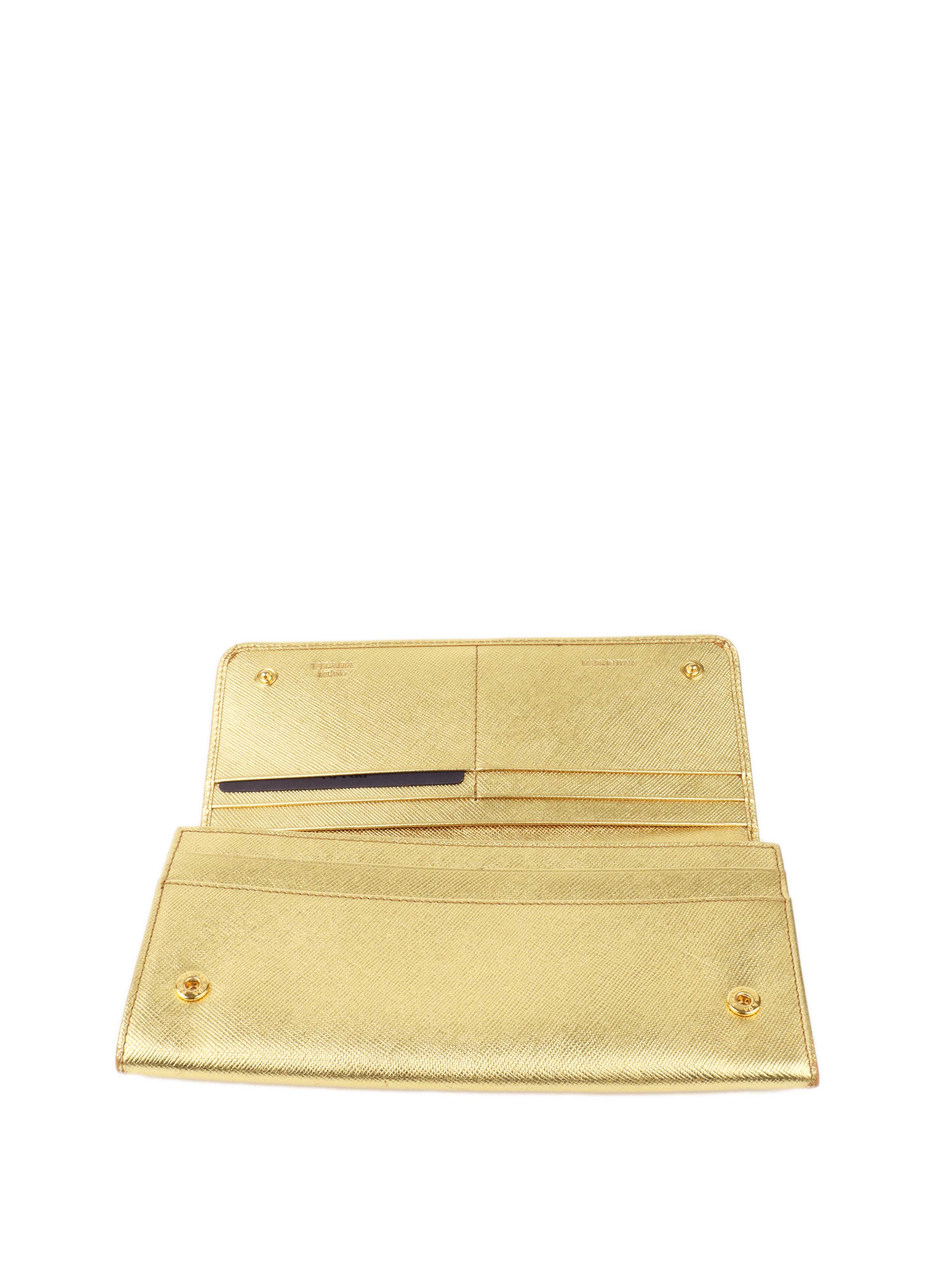 Prada Gold Saffiano Leather Wallet.