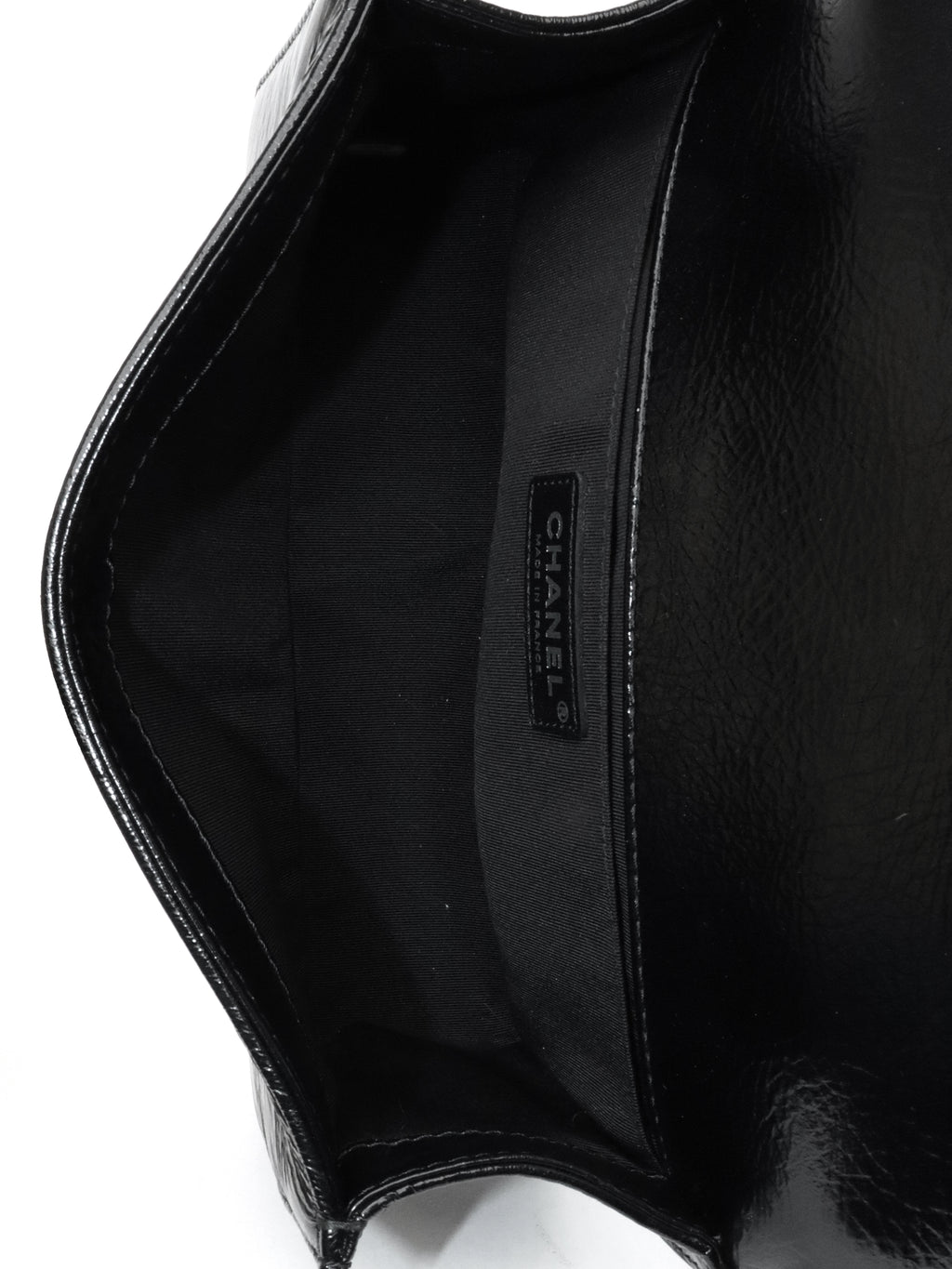 Chanel Black Crinkled Patent with Diamond Quilted Lock Medium Boy Bag