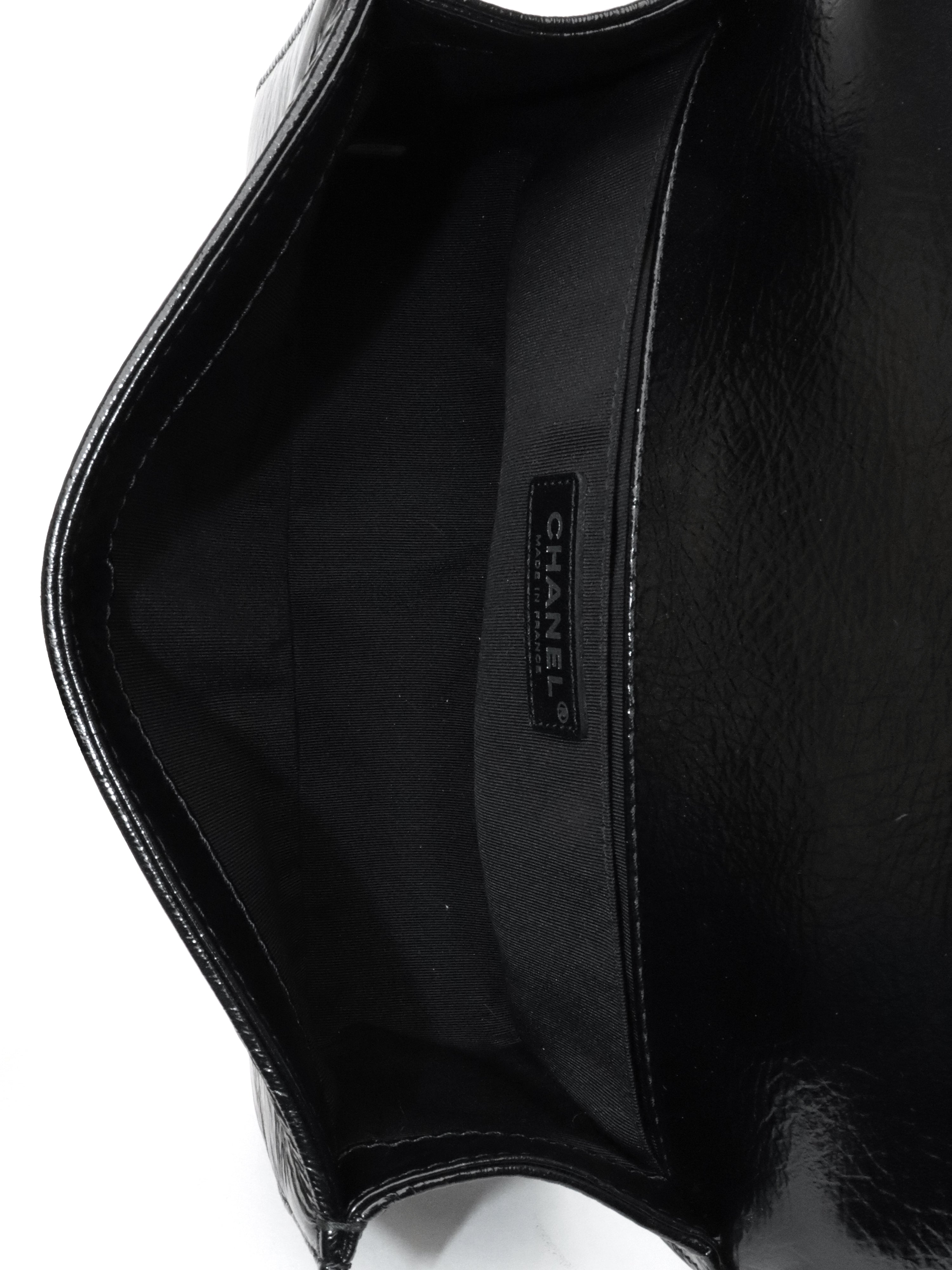 Chanel Black Crinkled Patent with Diamond Quilted Lock Medium Boy Bag