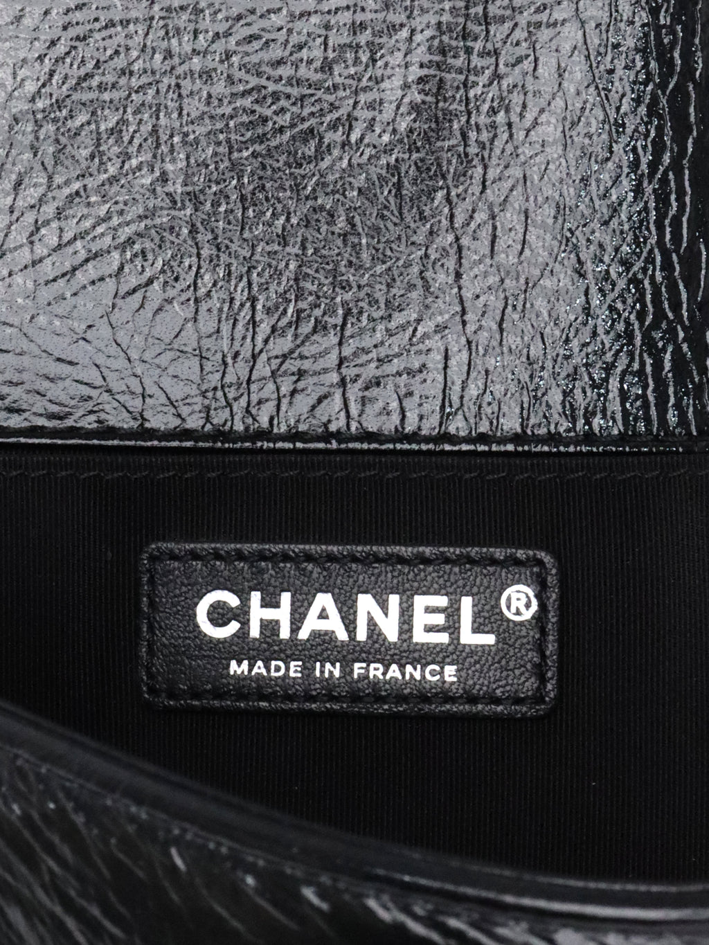 Chanel Black Crinkled Patent with Diamond Quilted Lock Medium Boy Bag