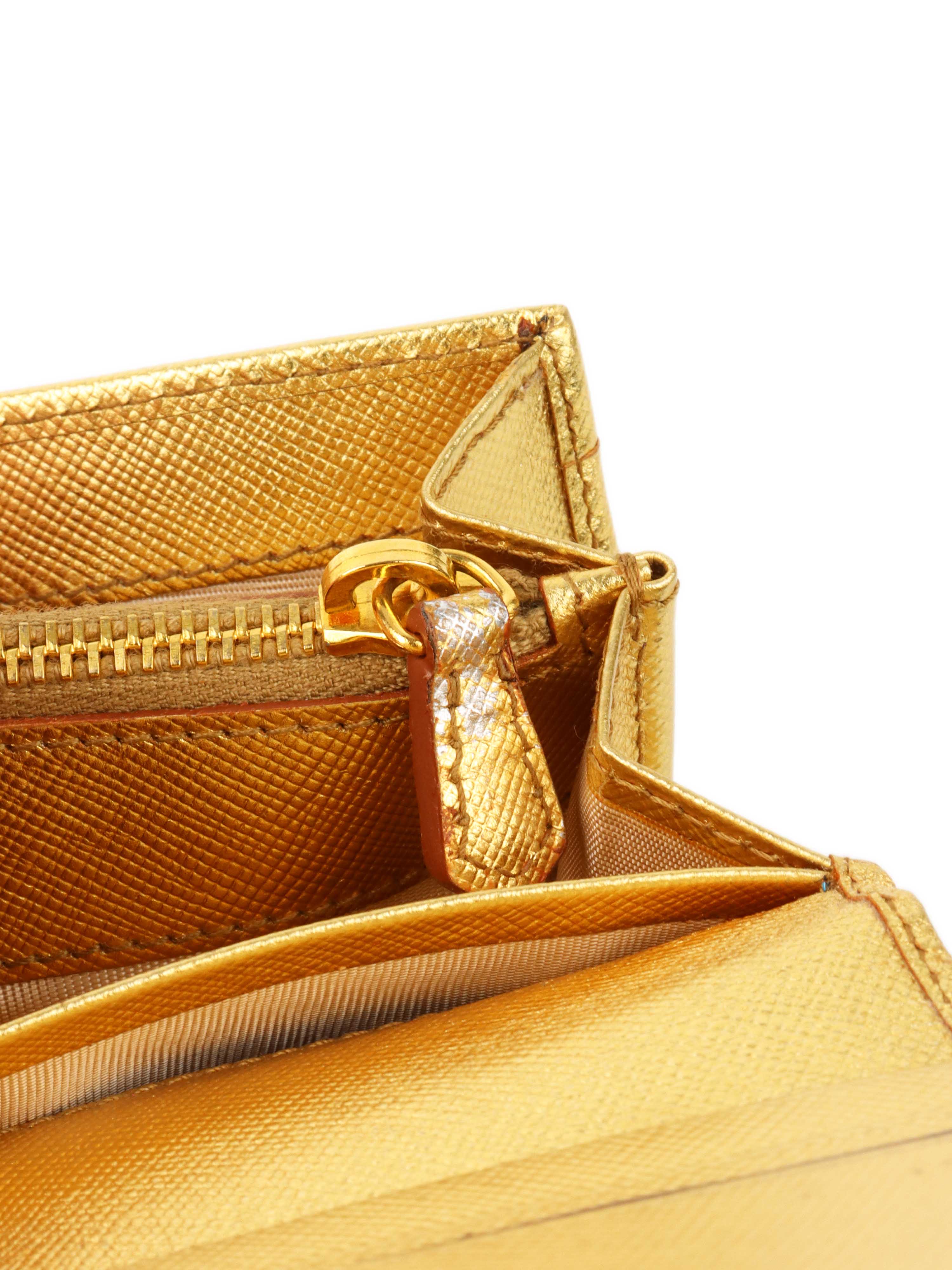 Prada Gold Saffiano Leather Wallet.