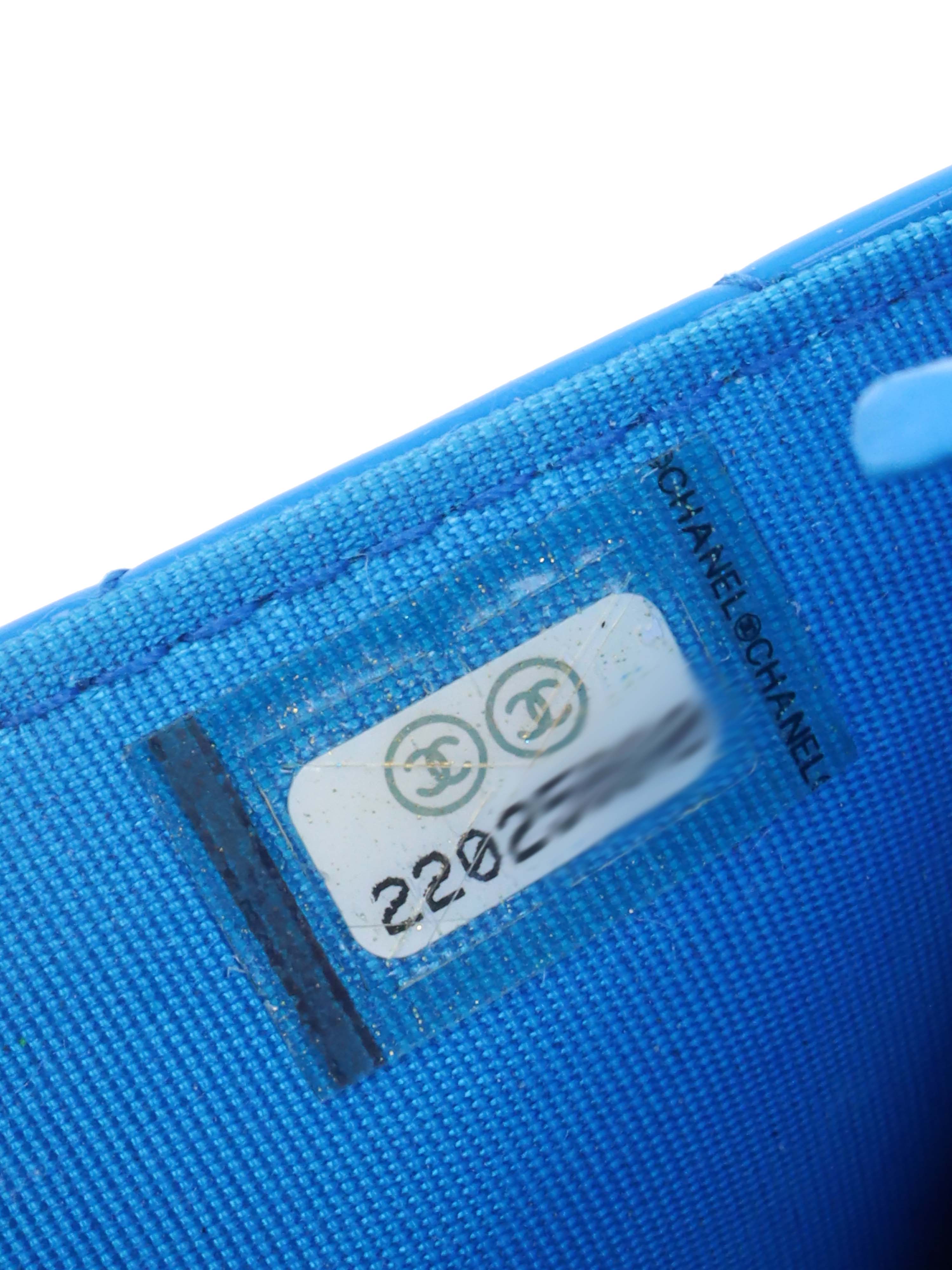 Chanel Bright Blue Patent Leather Le Boy Wallet on Chain.