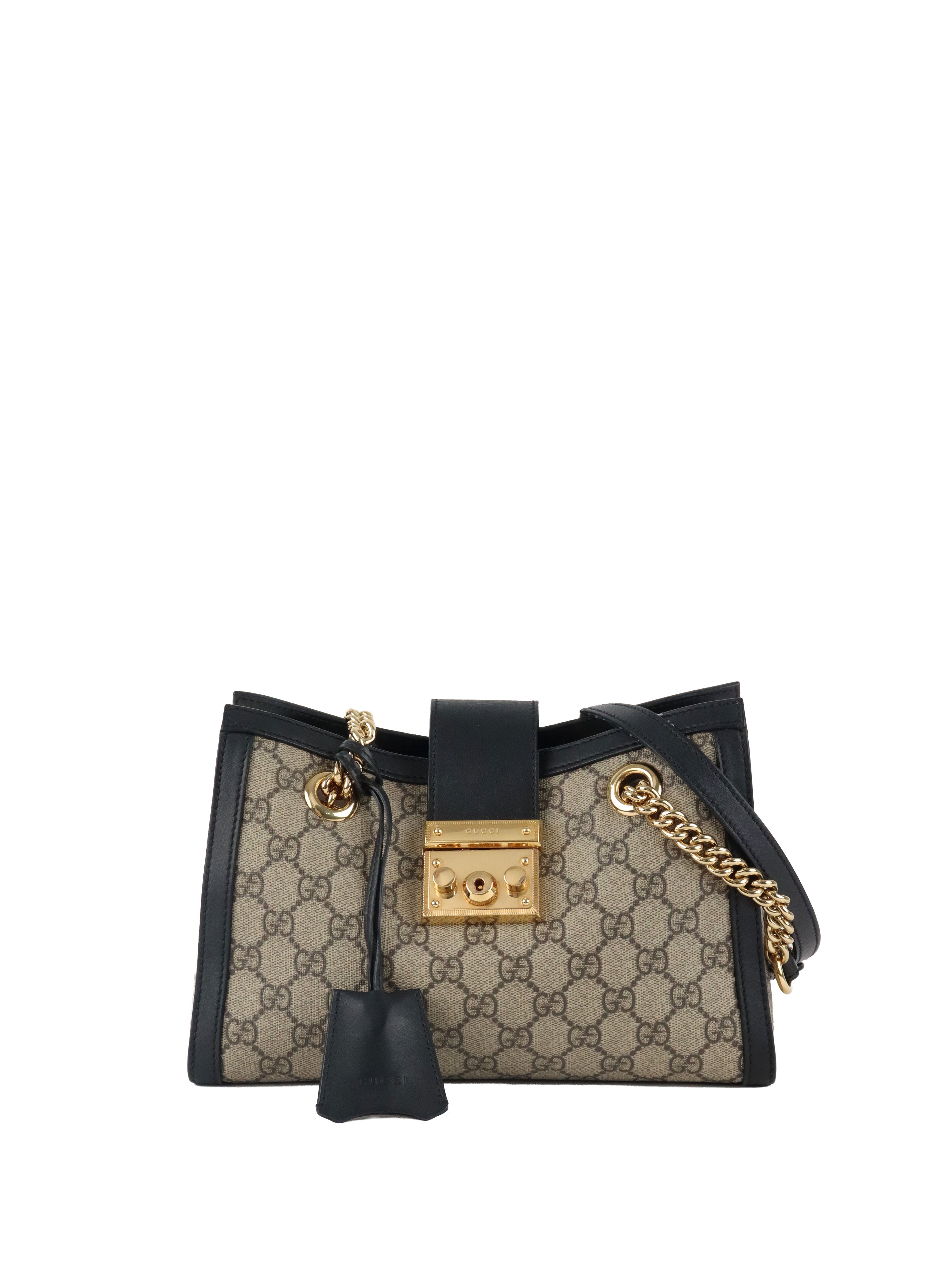 Gucci Small Black GG Supreme Canvas Padlock Tote.