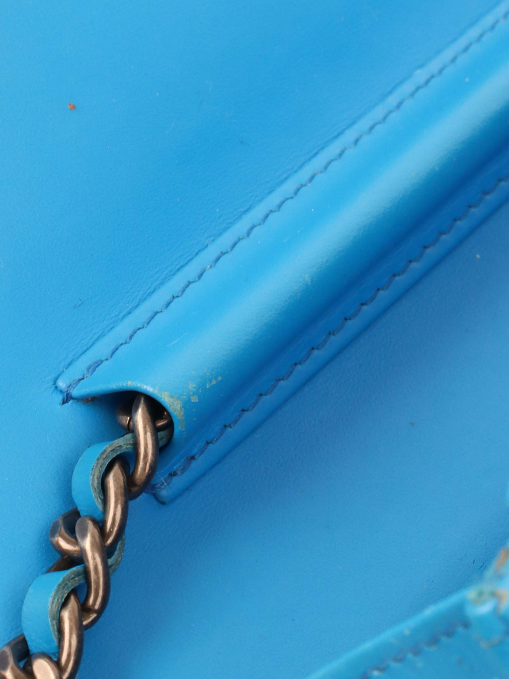 Chanel Bright Blue Patent Leather Le Boy Wallet on Chain.