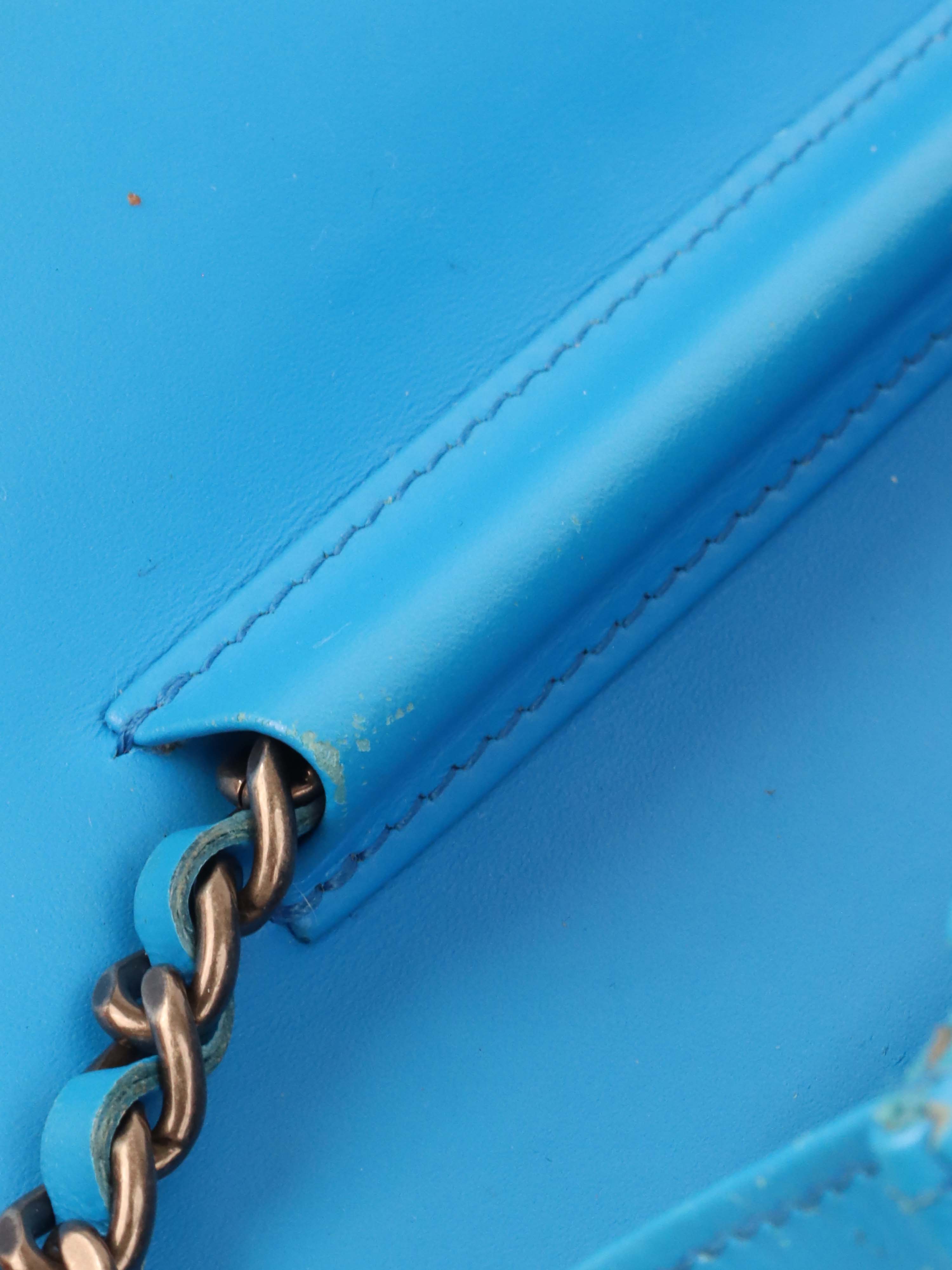 Chanel Bright Blue Patent Leather Le Boy Wallet on Chain.
